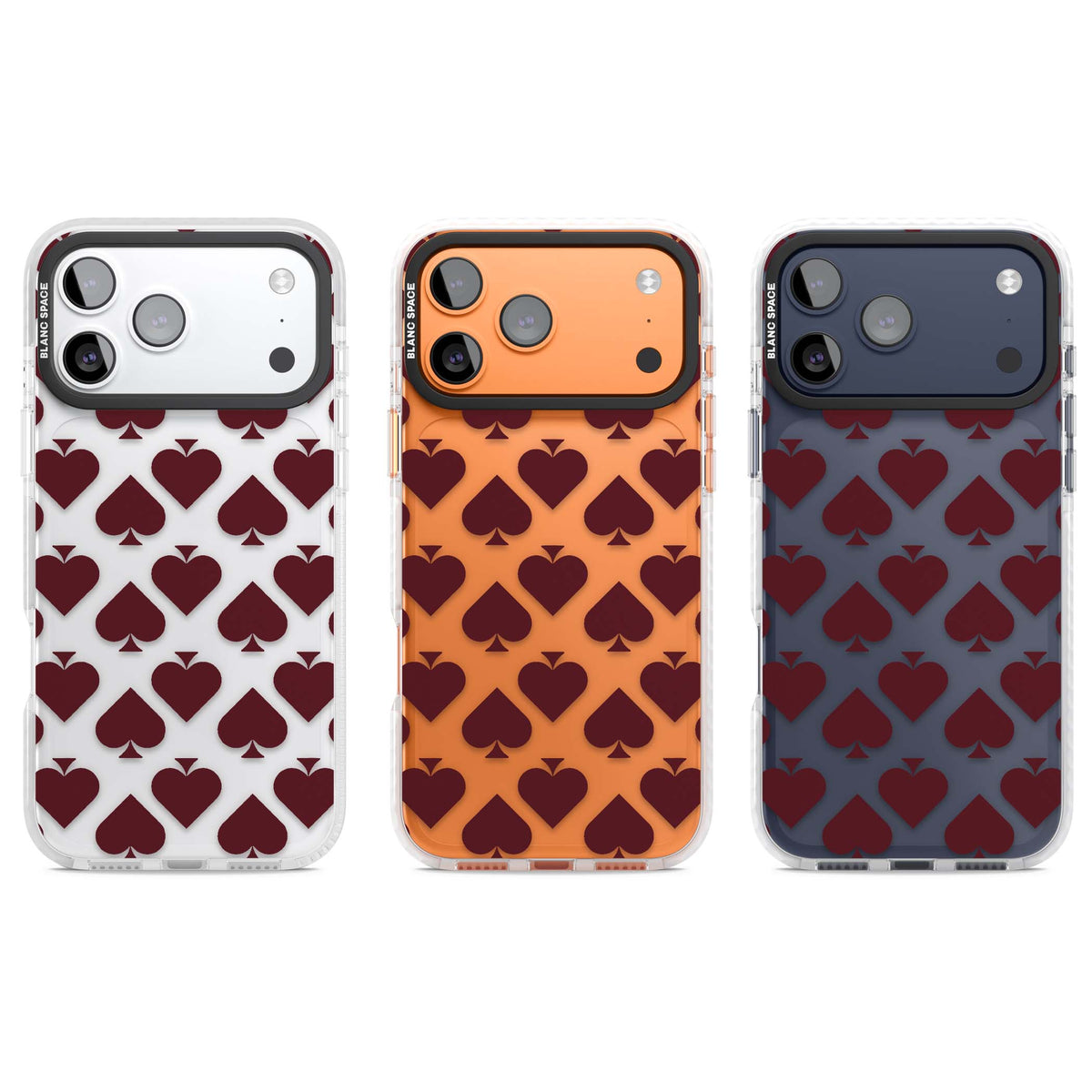 Burgundy Suits vintage playing cards iPhone case featuring repeating hearts and spades in deep wine red | Black Impact case for iPhone 17 Pro, iPhone 17 Pro Max