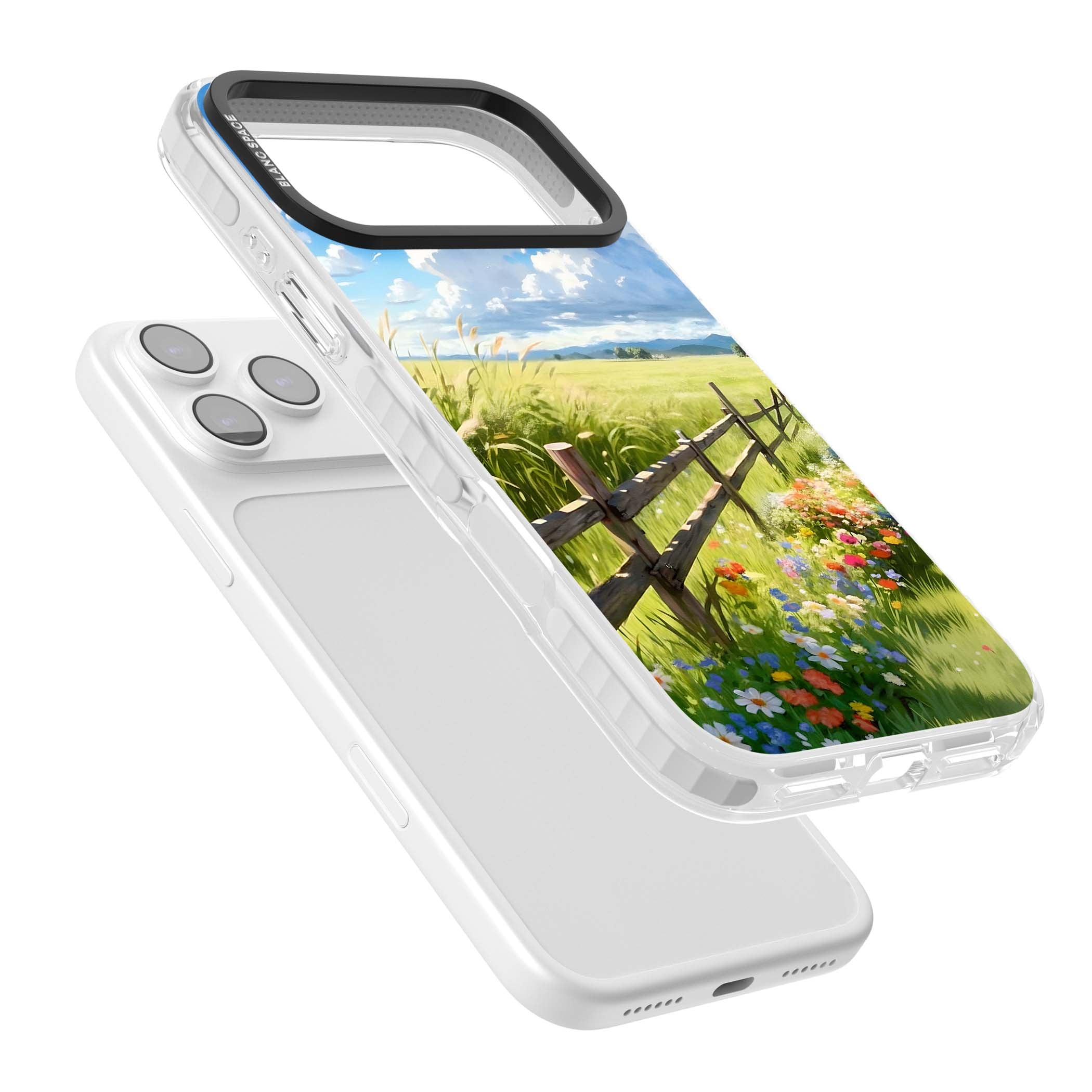 A Countryside Afternoon cottagecore iPhone case featuring a painted countryside meadow, wooden fence, and wildflowers beneath | Black Impact case for iPhone 17 Pro, iPhone 17 Pro Max