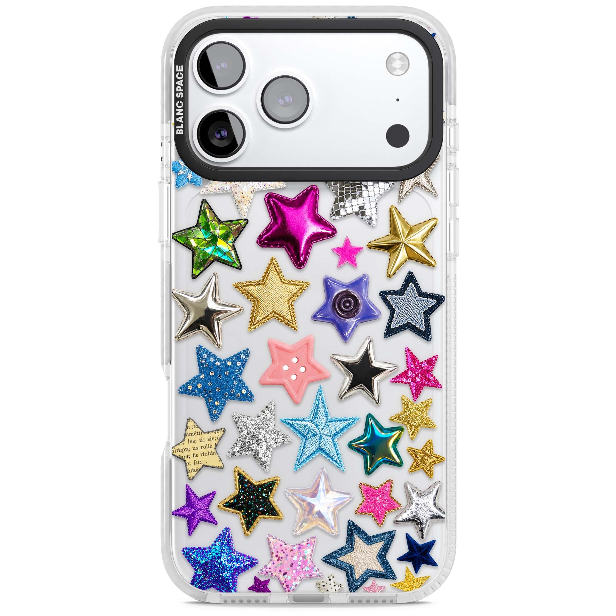 Crafty Star Mix Y2K iPhone case featuring embroidered, sequinned and glitter star patches in rainbow colours | Black Impact case for iPhone 17 Pro, iPhone 17 Pro Max
