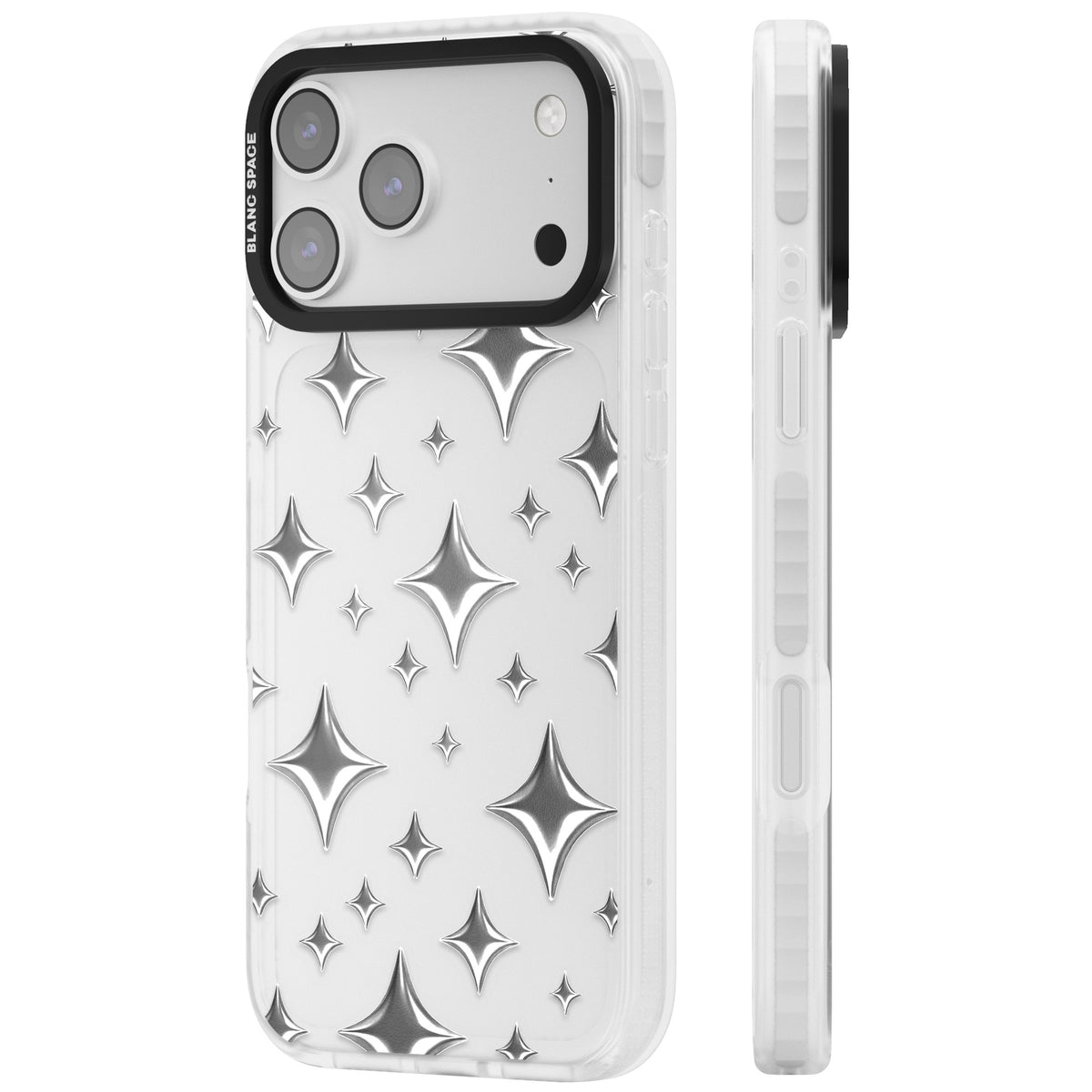 Chrome Puff Sparkle Pattern iPhone 17 Pro Max Impact Clear Phone Case side