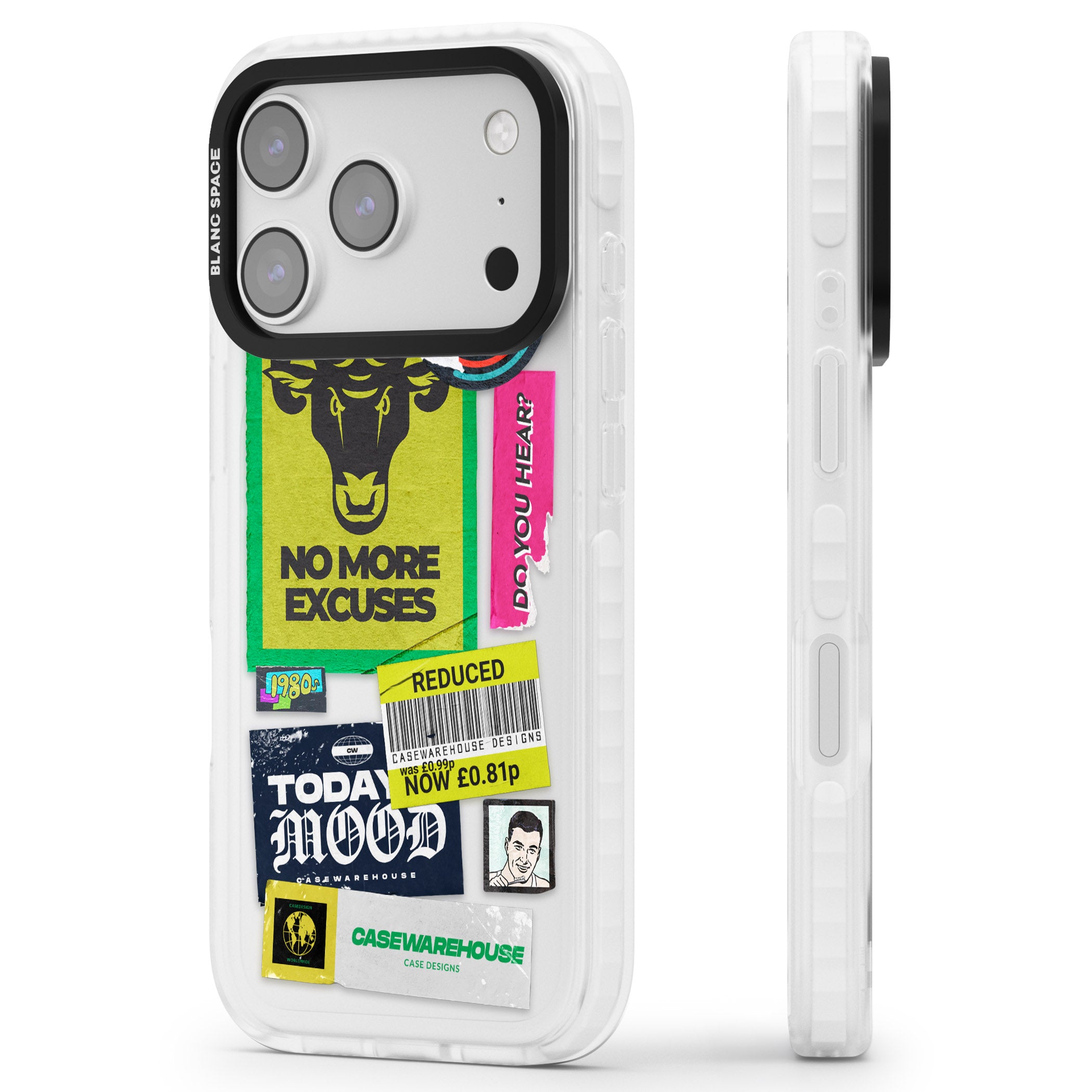 No More Excuses Sticker Mix iPhone 17 Pro Impact Clear Phone Case Side Profile