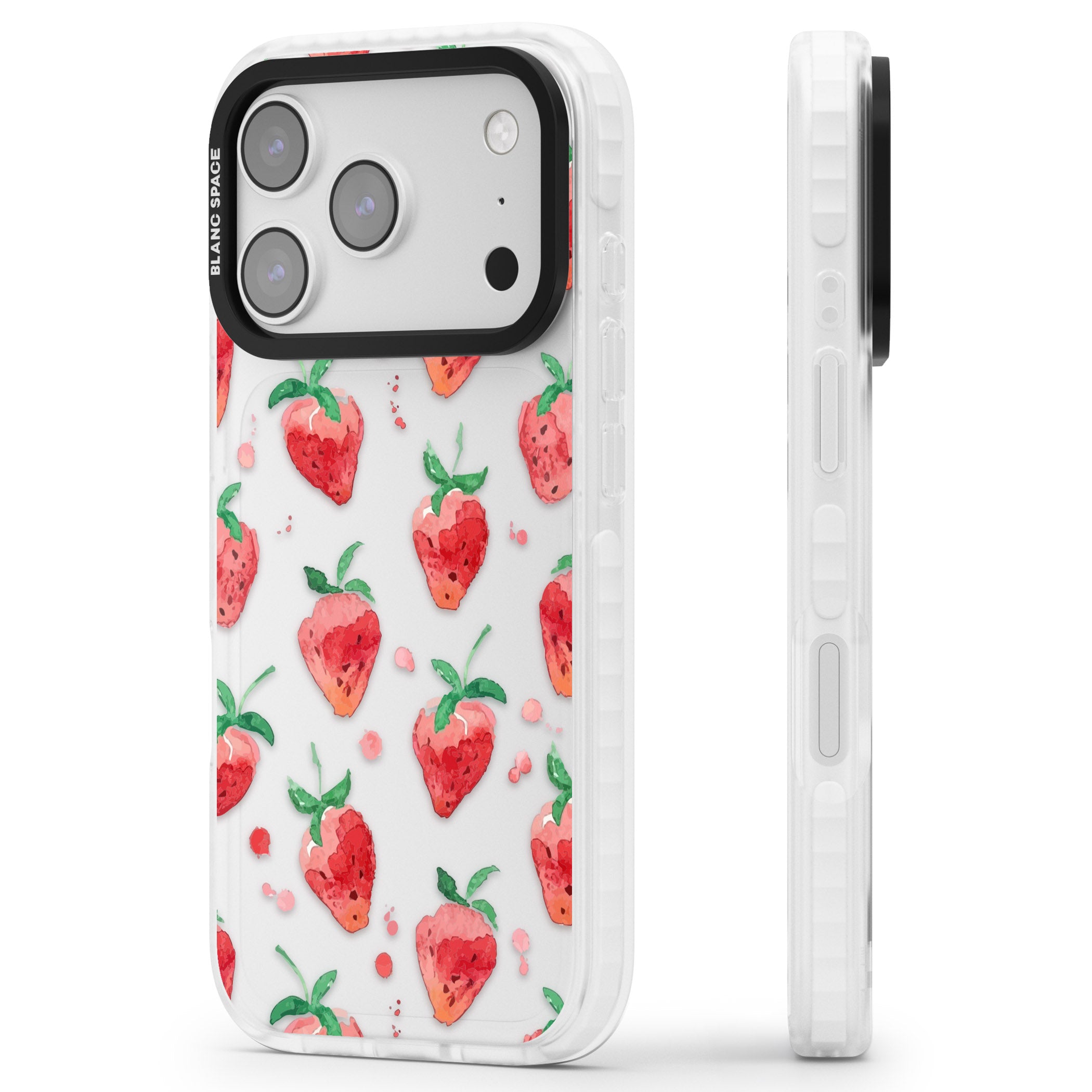 Strawberry Watercolour iPhone 17 Pro Impact Clear Phone Case Side Profile