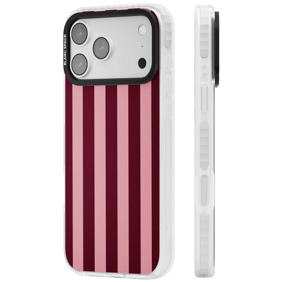 Bordeaux Belle preppy iPhone case featuring bold vertical stripes in burgundy and soft blush pink iPhone 17 Pro Max Impact Clear Phone Case side