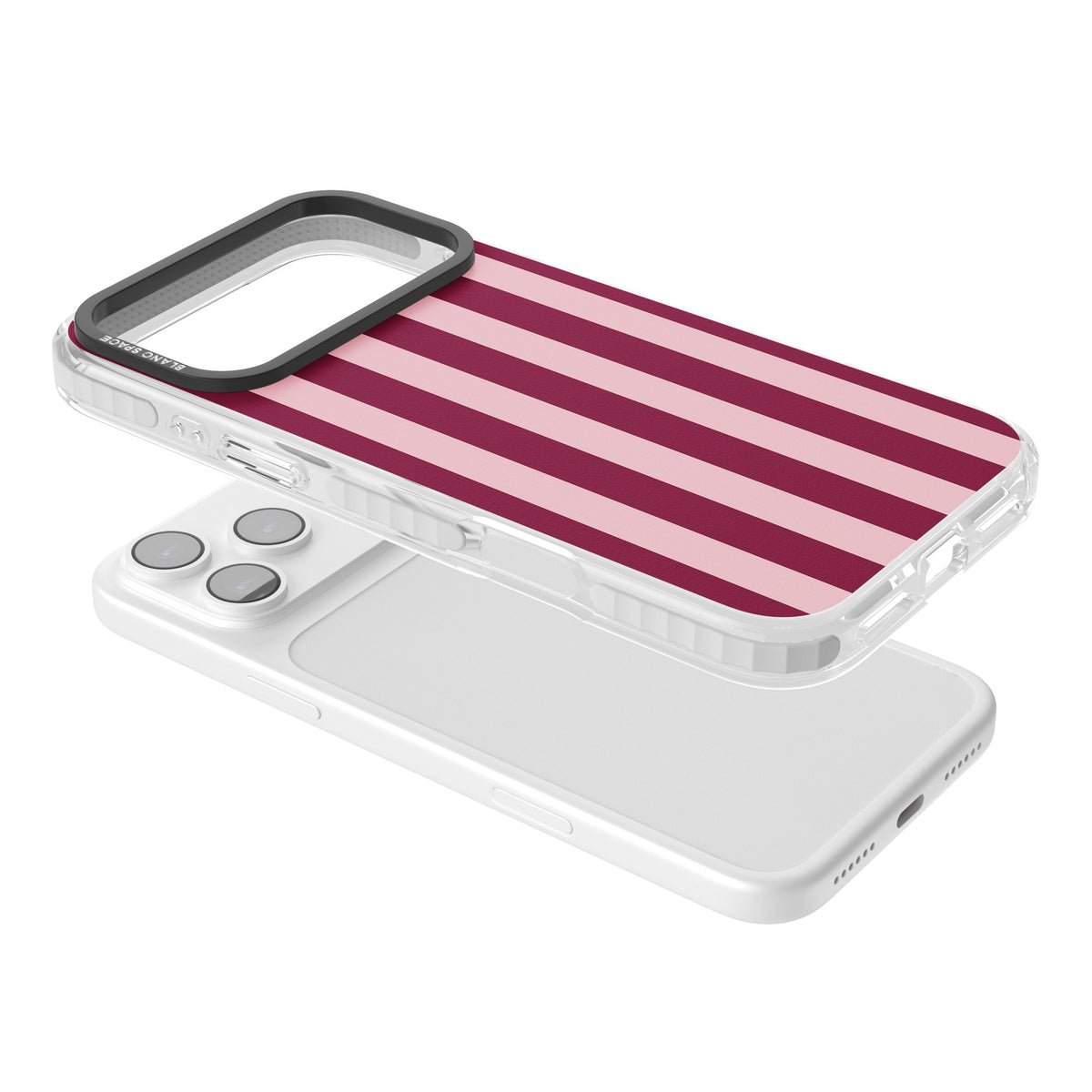 Bordeaux Belle preppy iPhone case featuring bold vertical stripes in burgundy and soft blush pink iPhone 17 Pro Max Impact Clear Phone Case angled
