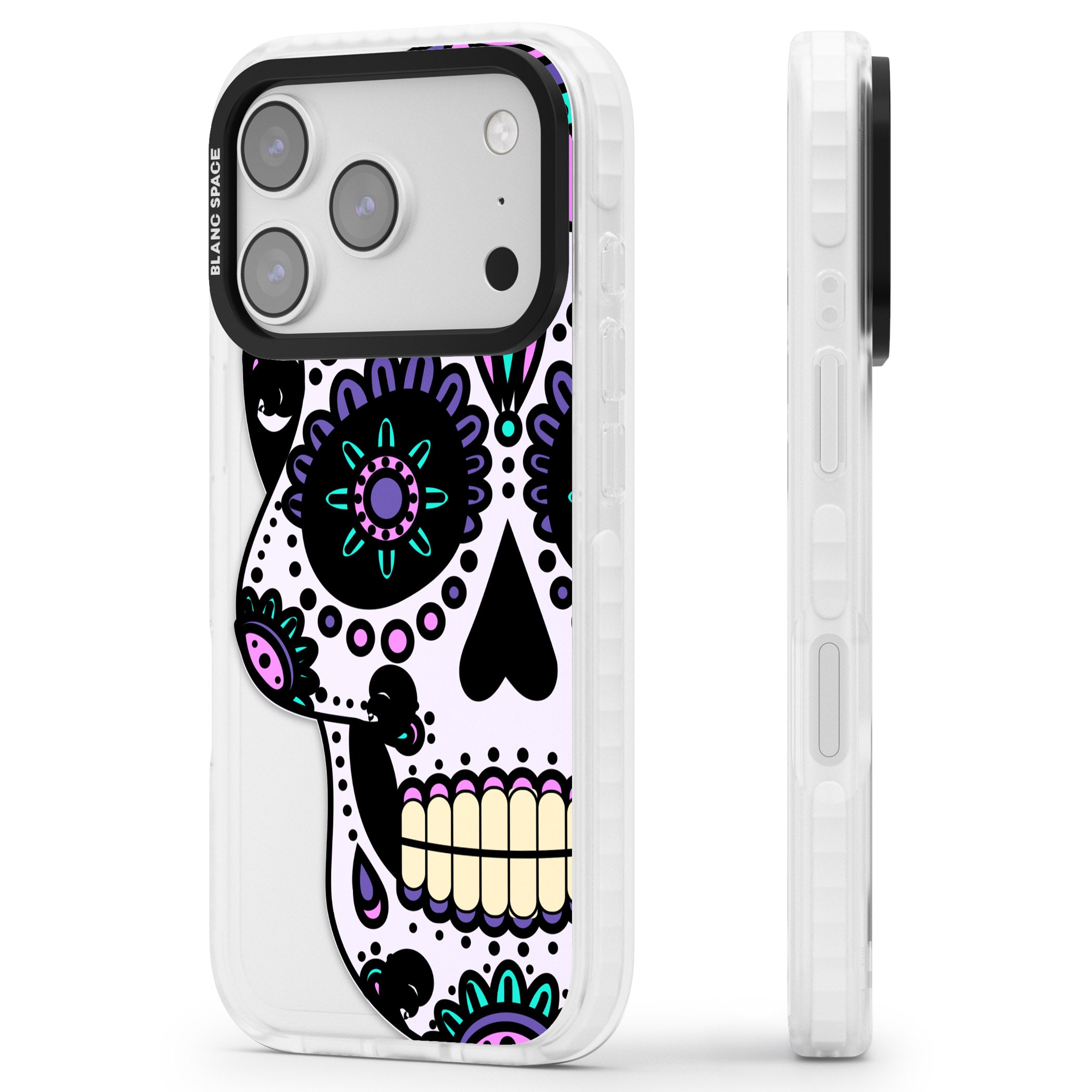 Violet Sugar Skull iPhone 17 Pro Impact Clear Phone Case Side Profile