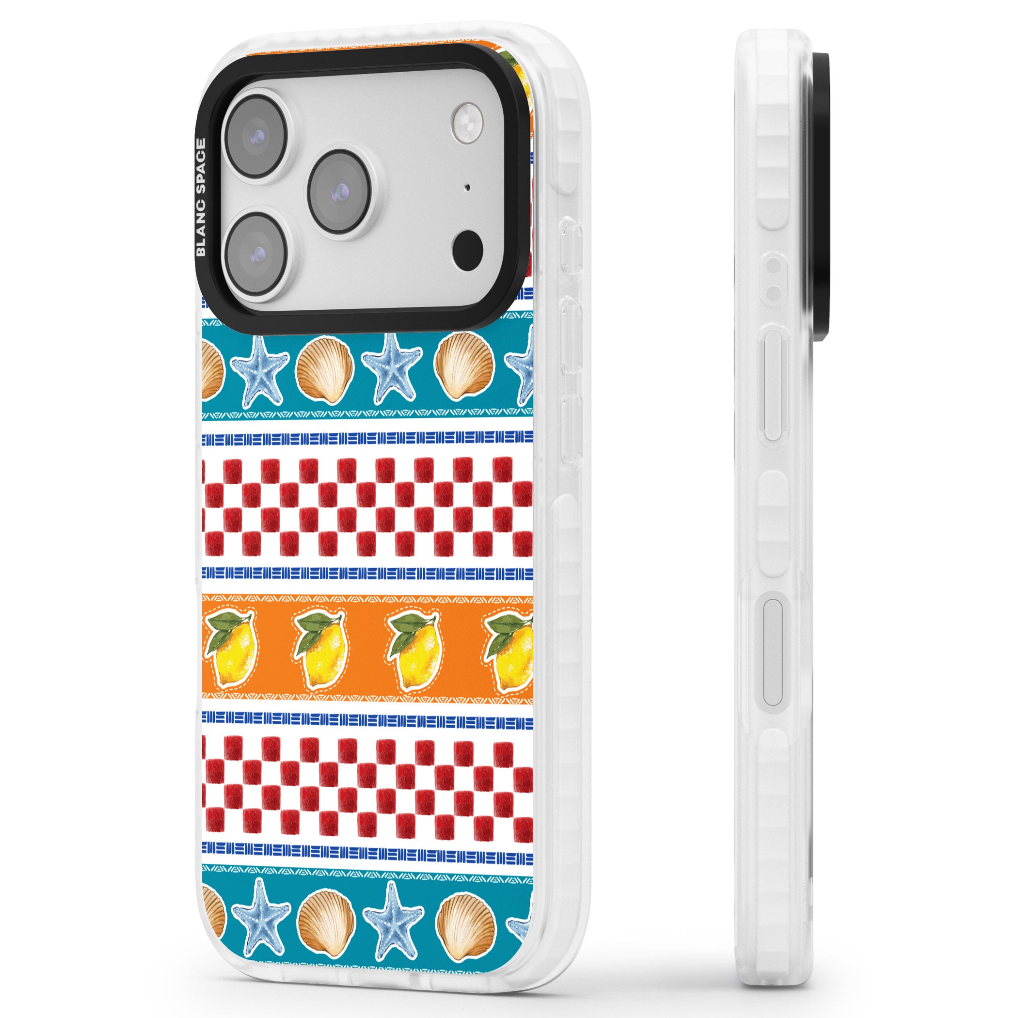 Coastal Italian Check Pattern iPhone 17 Pro Impact Clear Phone Case Side Profile