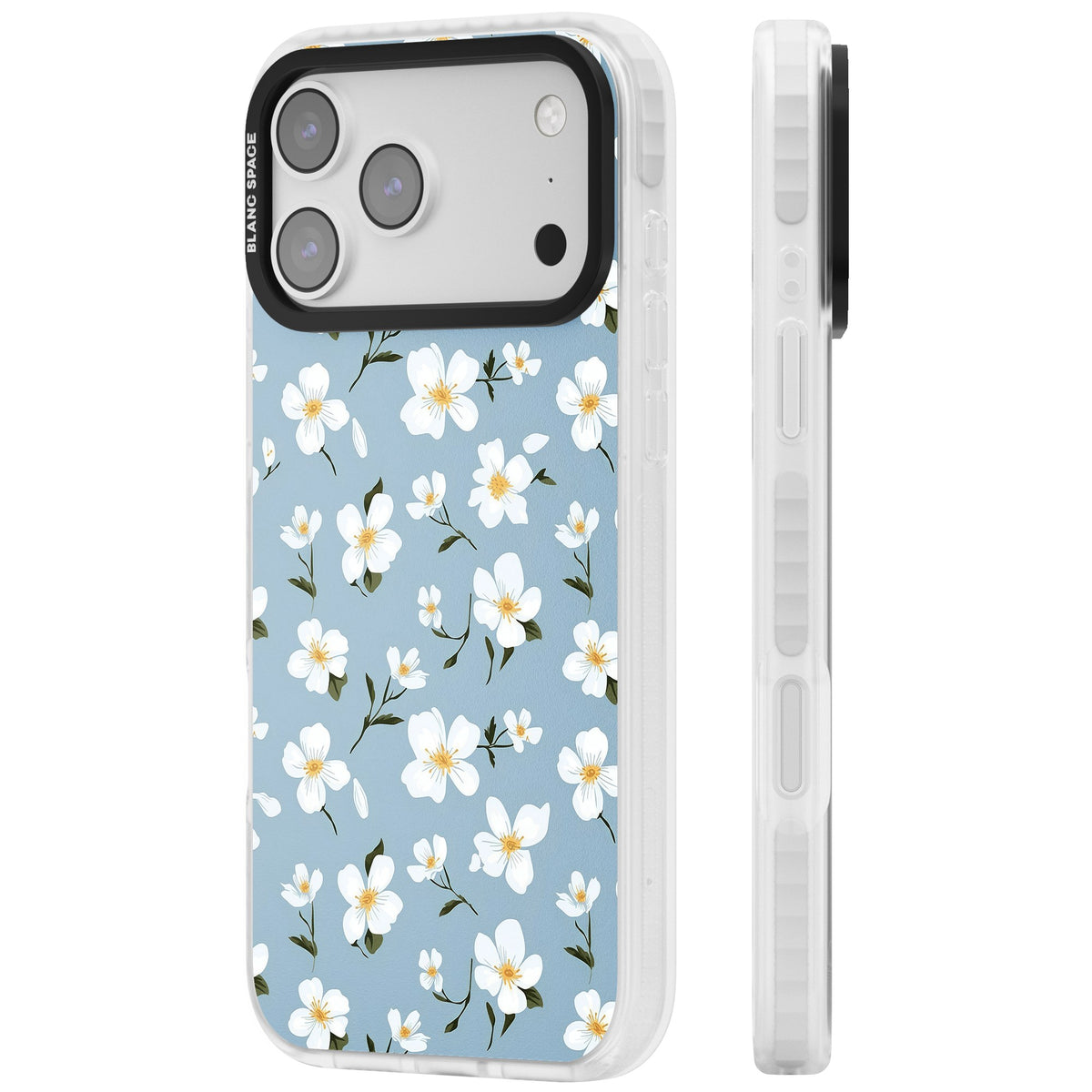 Powder Blue Petals iPhone 17 Pro Max Impact Clear Phone Case side
