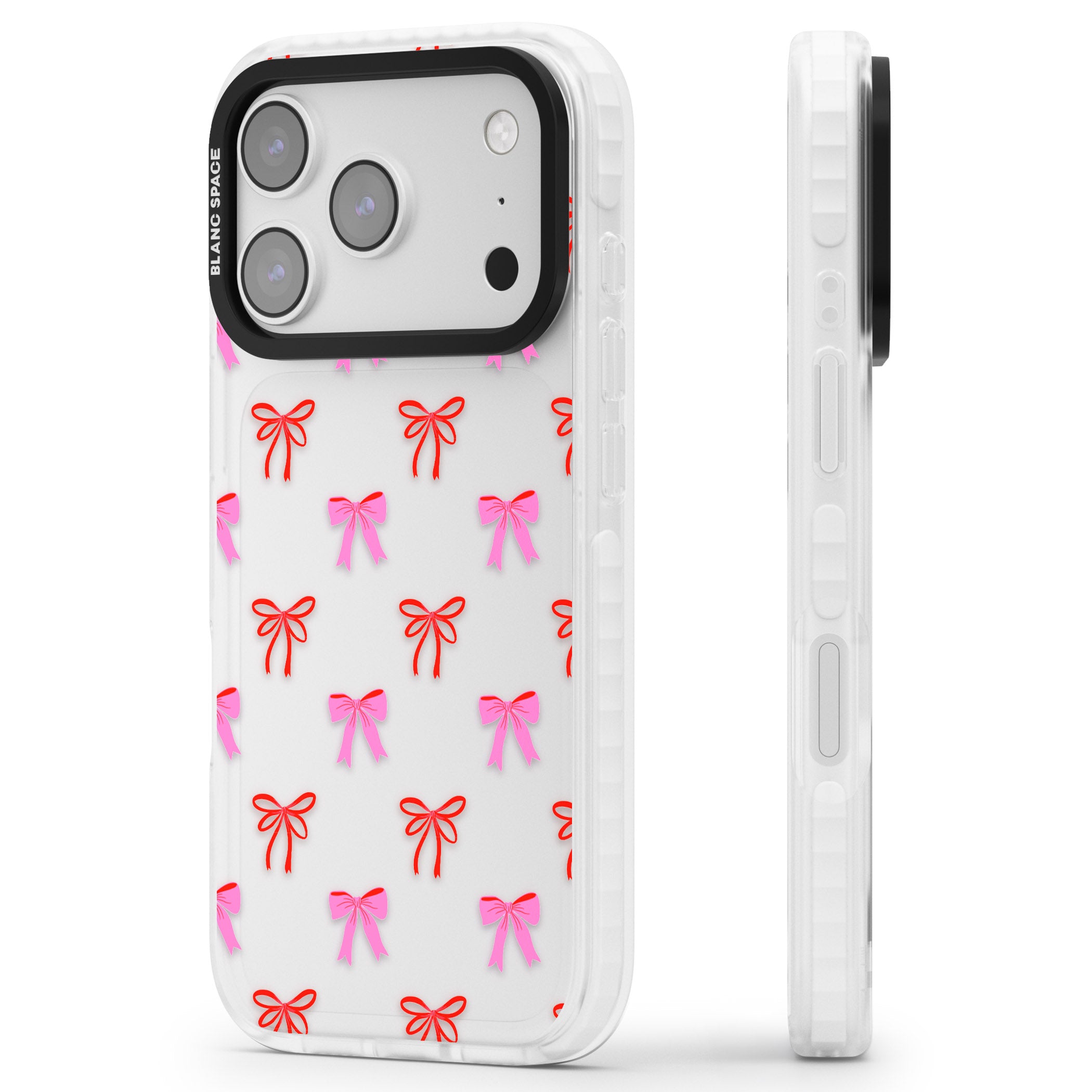 Cute Bow Pattern iPhone 17 Pro Impact Clear Phone Case Side Profile
