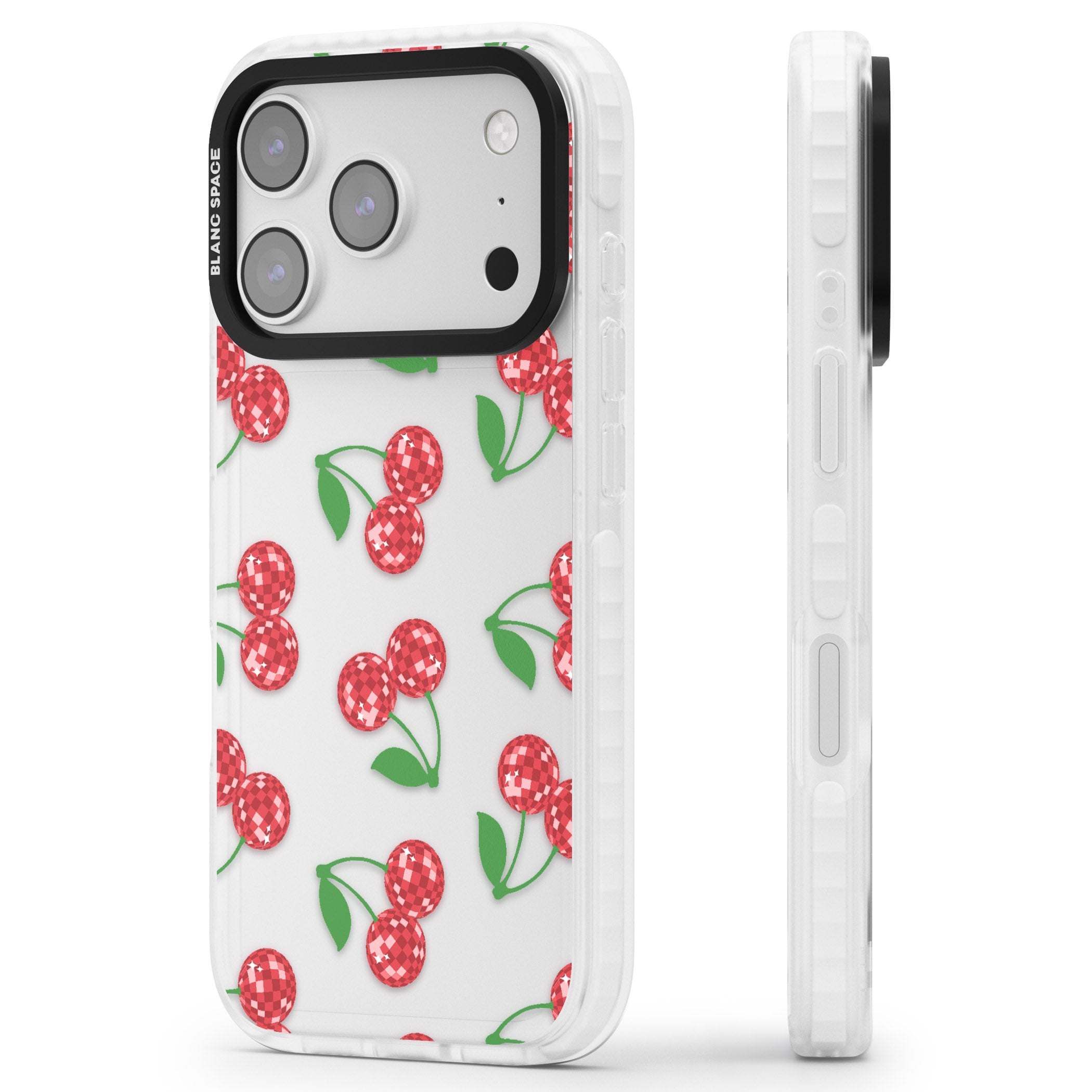 Disco Cherry Pattern iPhone 17 Pro Impact Clear Phone Case Side Profile