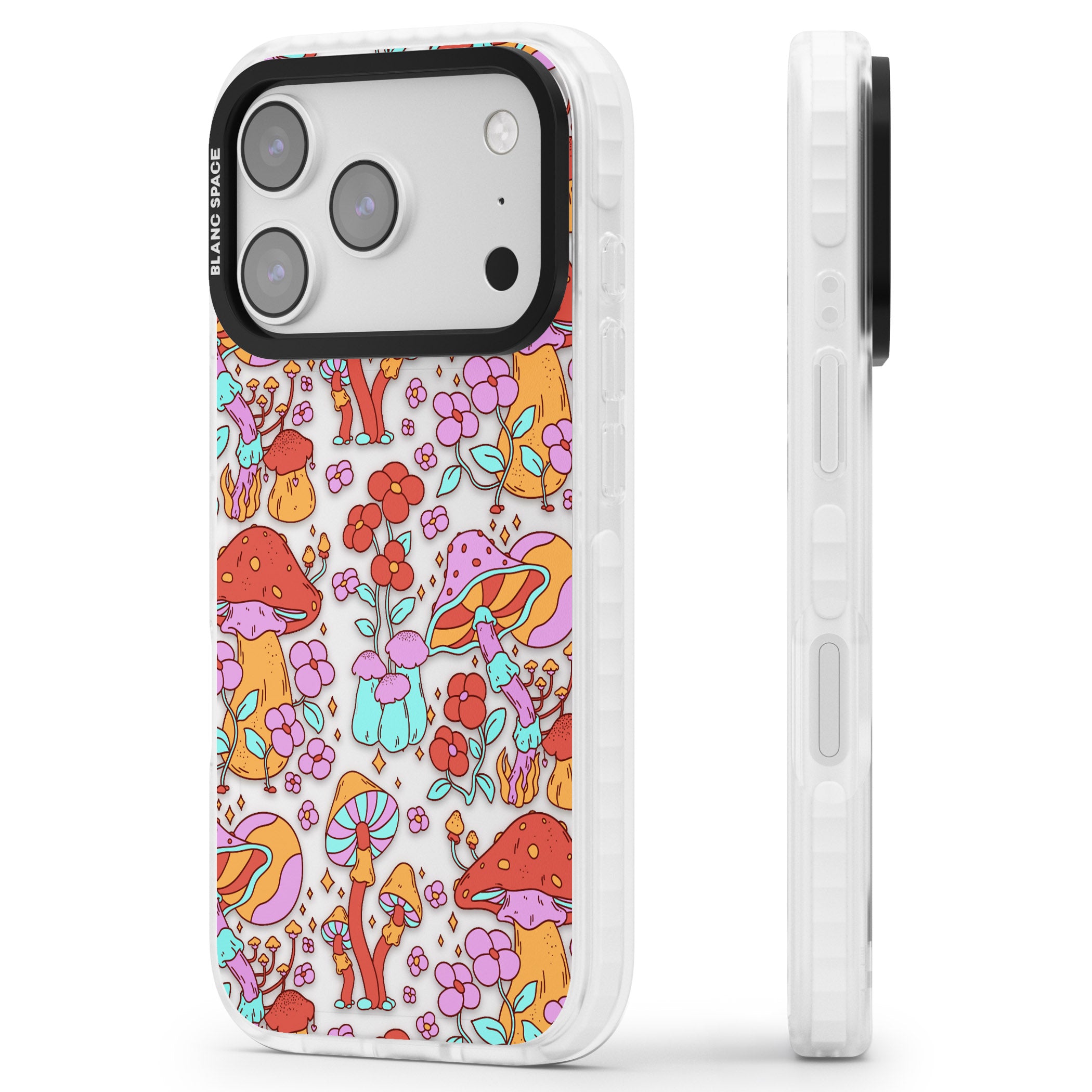 Psychedelic Flowers & Mushrooms iPhone 17 Pro Impact Clear Phone Case Side Profile
