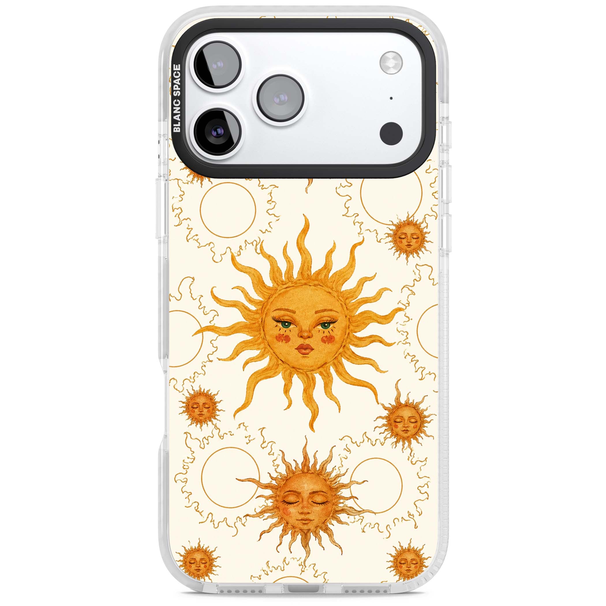 Solstice Muse celestial iPhone case featuring hand-painted golden sun faces, closed-eye sun goddesses and outlined moons... | Black Impact case for iPhone 17 Pro, iPhone 17 Pro Max