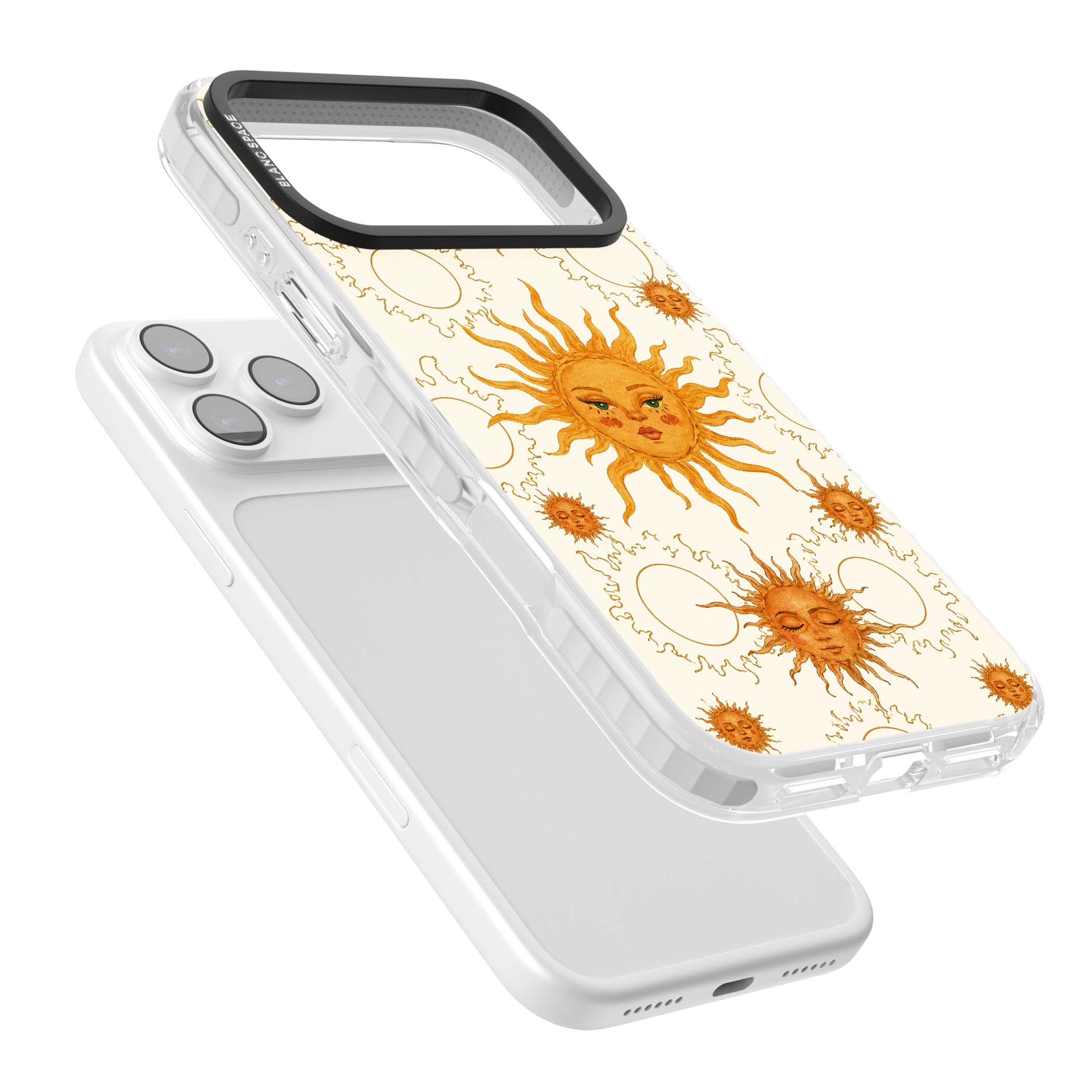 Solstice Muse celestial iPhone case featuring hand-painted golden sun faces, closed-eye sun goddesses and outlined moons... | Black Impact case for iPhone 17 Pro, iPhone 17 Pro Max