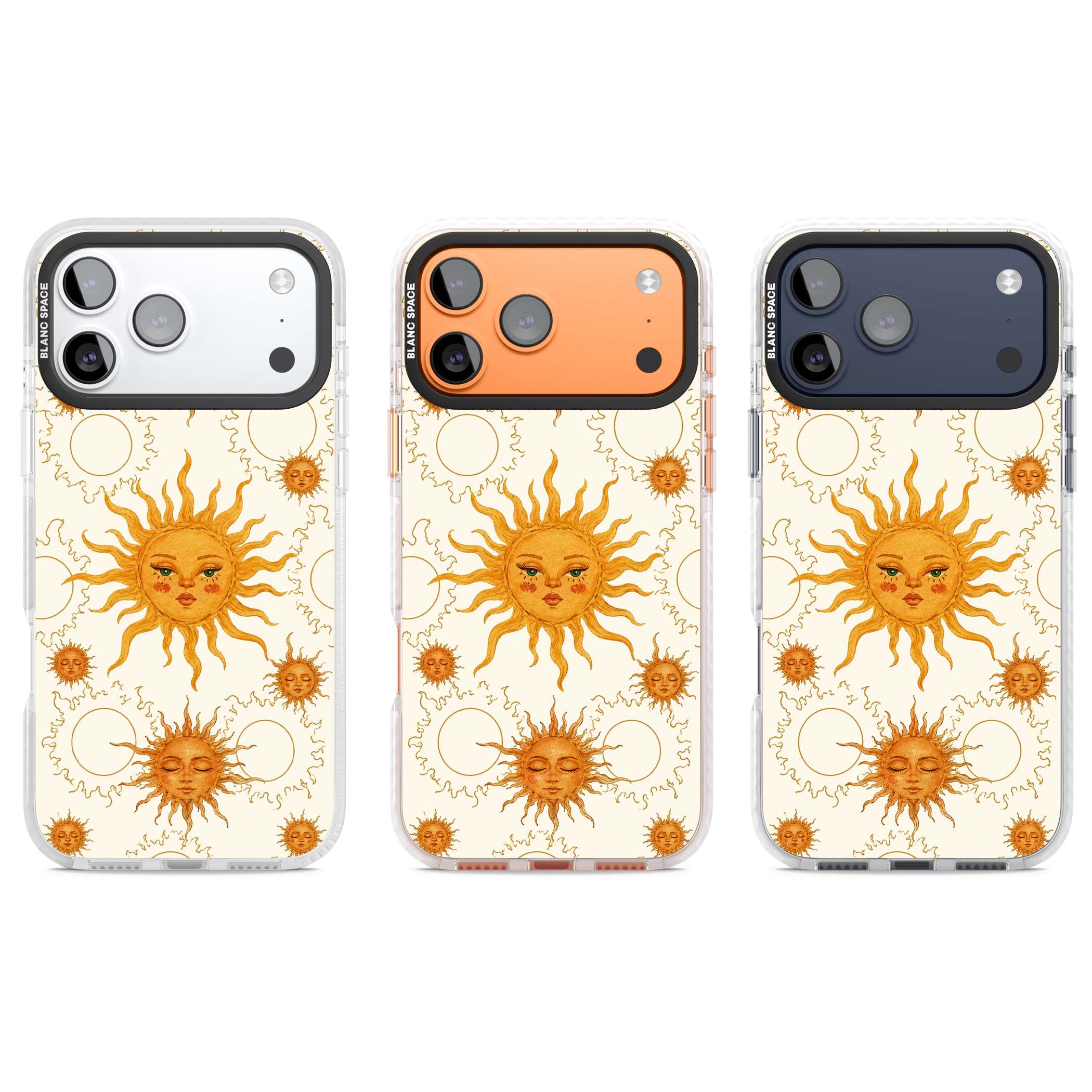 Solstice Muse celestial iPhone case featuring hand-painted golden sun faces, closed-eye sun goddesses and outlined moons... | Black Impact case for iPhone 17 Pro, iPhone 17 Pro Max