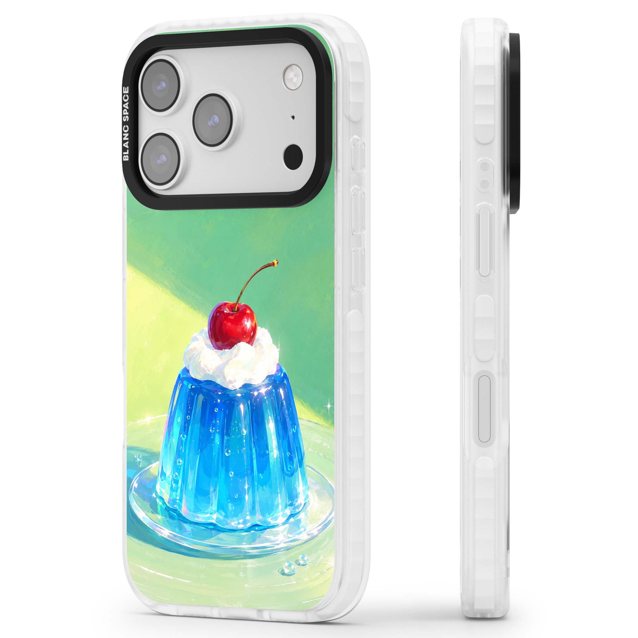 Cherry Jelly kawaii dessert iPhone case featuring blue jelly pudding, whipped cream and a red cherry | Black Impact case for iPhone 17 Pro, iPhone 17 Pro Max
