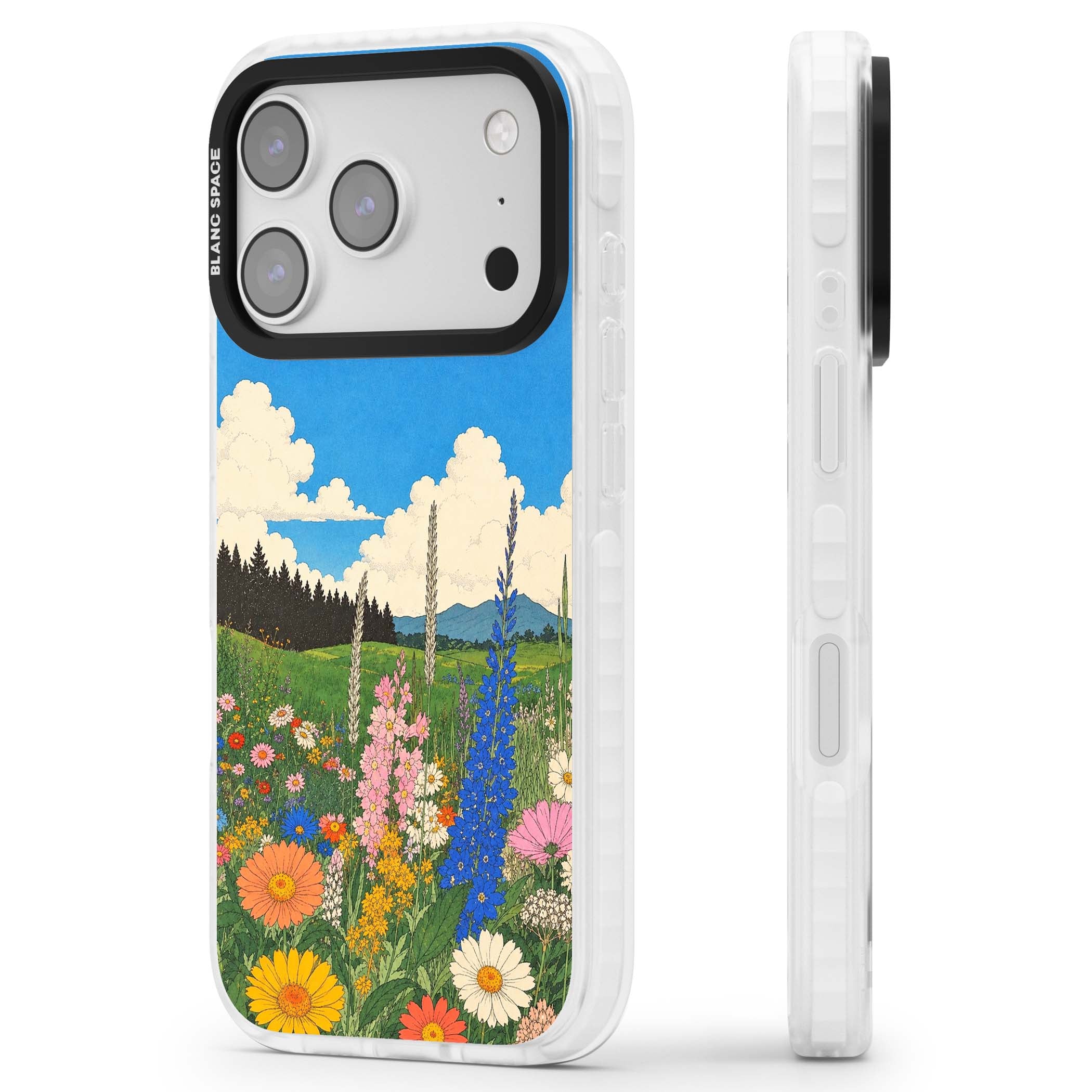 Wildbloom wildflower iPhone case featuring a vintage Japanese-style meadow landscape with daisies, delphiniums and moun | Black Impact case for iPhone 17 Pro, iPhone 17 Pro Max