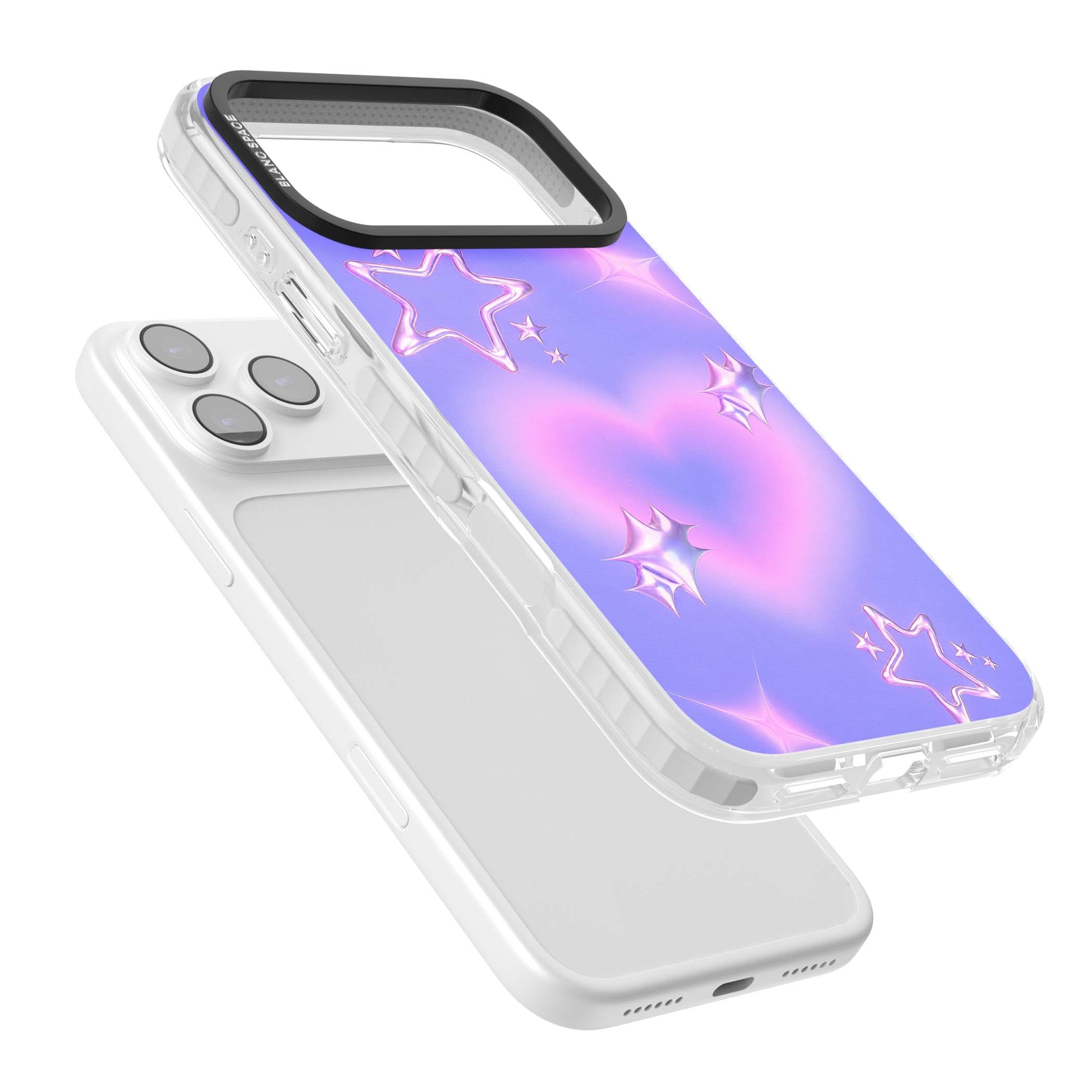 Soft Sugar Y2K iPhone case featuring iridescent chrome hearts, metallic pink stars and a lavender gradient sky | Black Impact case for iPhone 17 Pro, iPhone 17 Pro Max