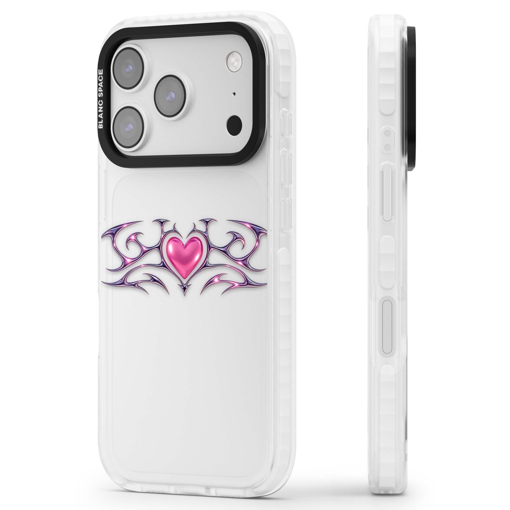 Pink Chrome Heart y2k iPhone case | Black Impact case for iPhone 17 Pro, iPhone 17 Pro Max