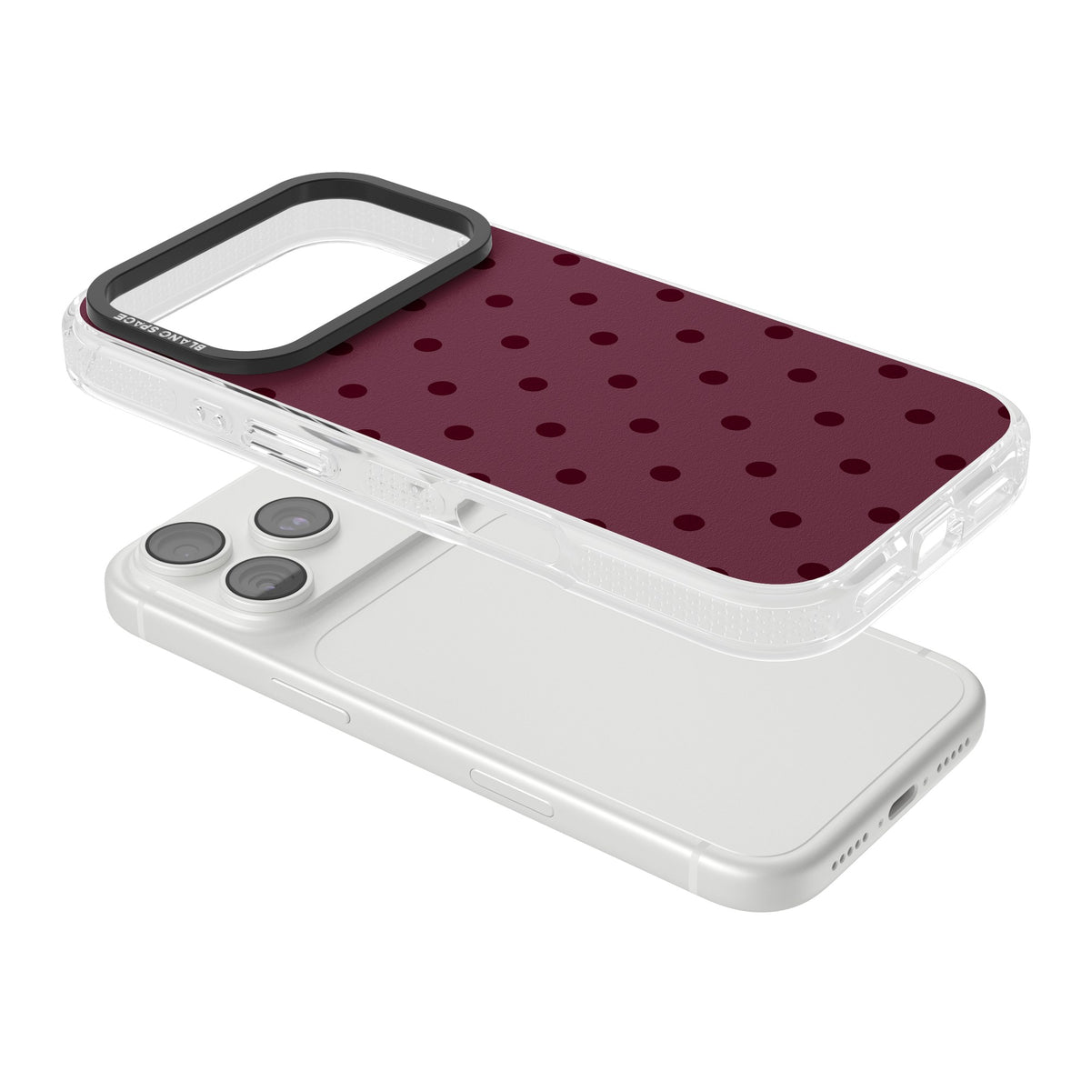 Burgundy Polka Dot minimalist iPhone case featuring black polka dots on a deep burgundy wine red background iPhone 18 Pro Impact Air Phone Case angled