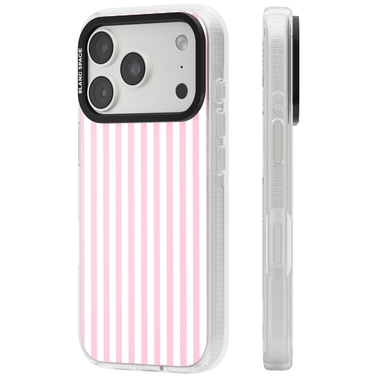 Pink Stripe preppy iPhone case featuring soft pastel pink and white vertical candy stripes iPhone 18 Pro Impact Air Phone Case side