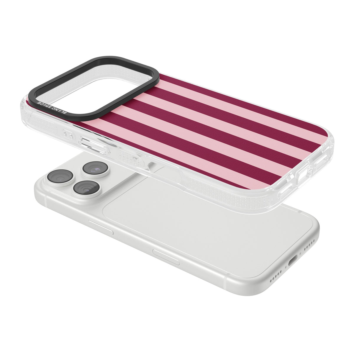 Bordeaux Belle preppy iPhone case featuring bold vertical stripes in burgundy and soft blush pink iPhone 18 Pro Impact Air Phone Case angled