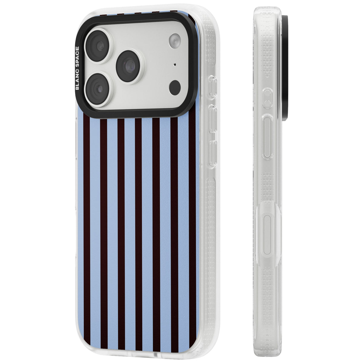 Blackcurrant Stripe preppy iPhone case featuring vertical burgundy and light blue stripes in a classic pinstripe layout iPhone 18 Pro Impact Air Phone Case side