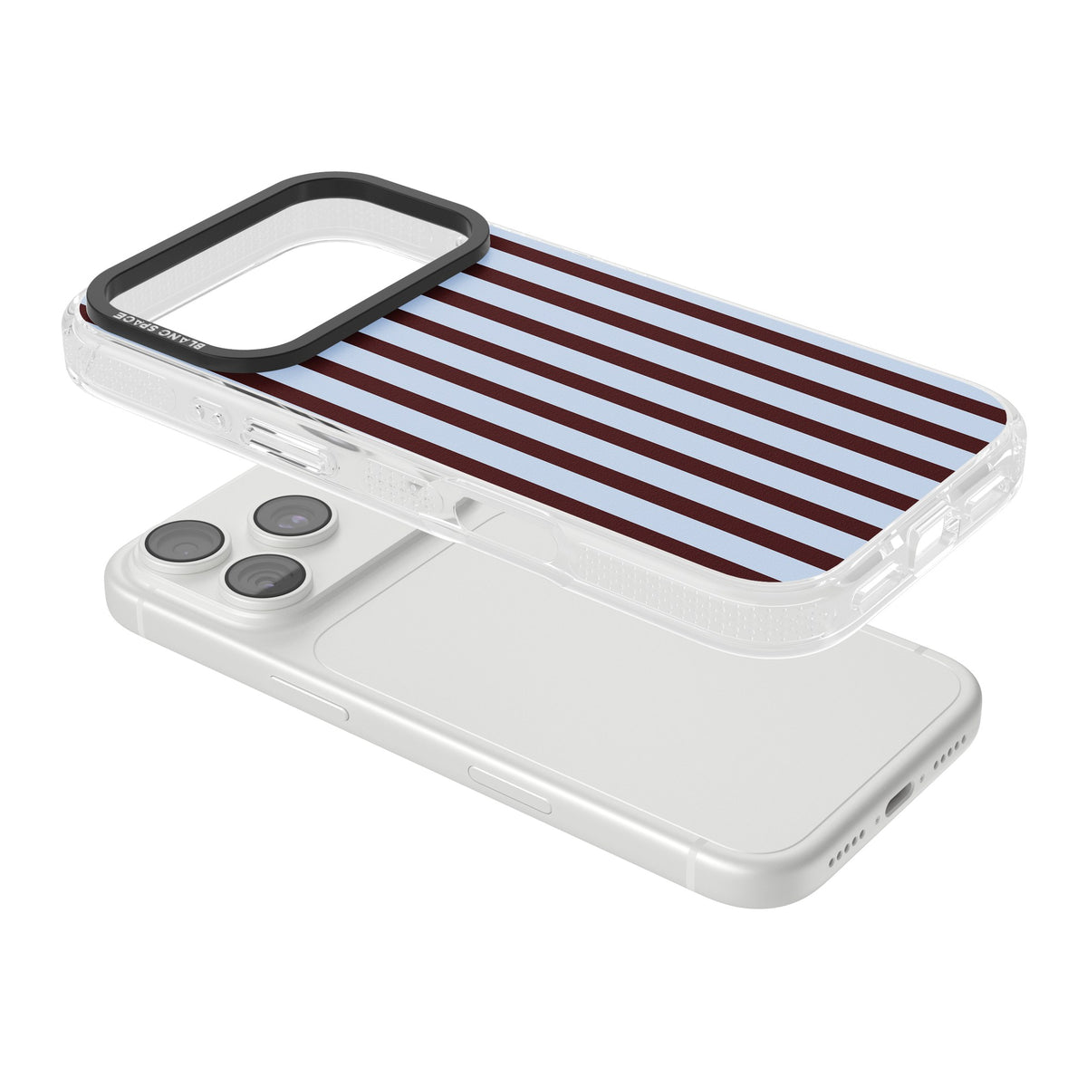 Blackcurrant Stripe preppy iPhone case featuring vertical burgundy and light blue stripes in a classic pinstripe layout iPhone 18 Pro Impact Air Phone Case angled
