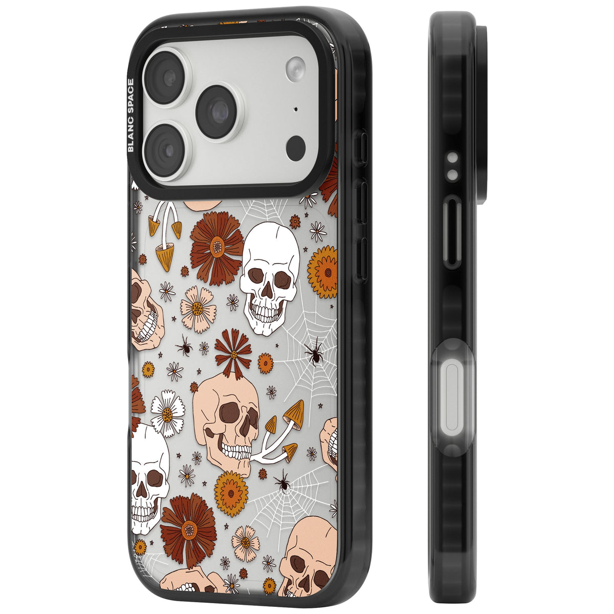 Halloween Skulls And Flowers iPhone 18 Pro Impact Black Phone Case side