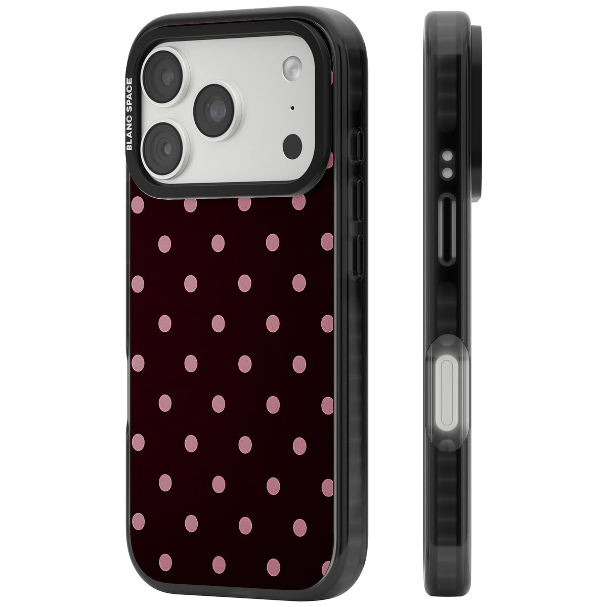 Merlot Dots polka dot iPhone case featuring dusty pink spots on a deep burgundy background in a retro grid iPhone 18 Pro Impact Pro Black Phone Case side