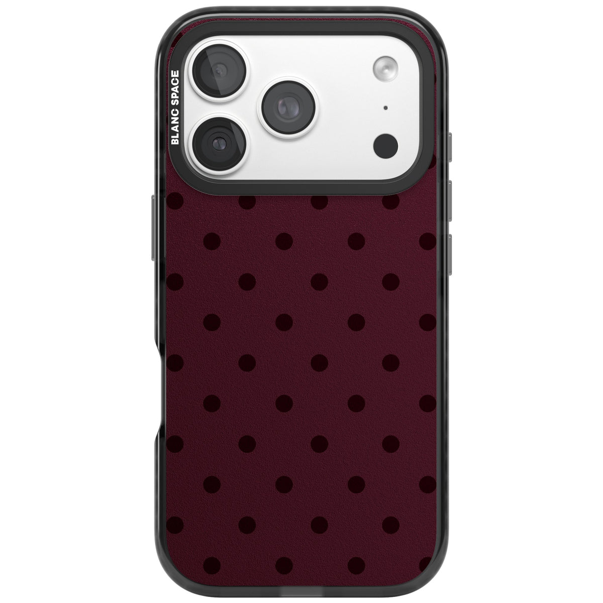 Burgundy Polka Dot minimalist iPhone case featuring black polka dots on a deep burgundy wine red background iPhone 18 Pro Impact Pro Black Phone Case front