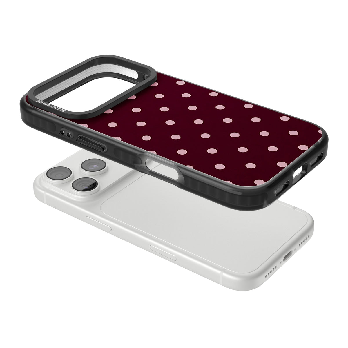 Merlot Dots polka dot iPhone case featuring dusty pink spots on a deep burgundy background in a retro grid iPhone 18 Pro Impact Black Phone Case angled