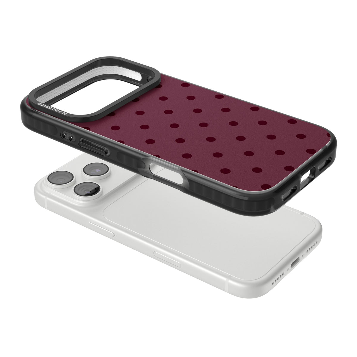 Burgundy Polka Dot minimalist iPhone case featuring black polka dots on a deep burgundy wine red background iPhone 18 Pro Impact Black Phone Case angled