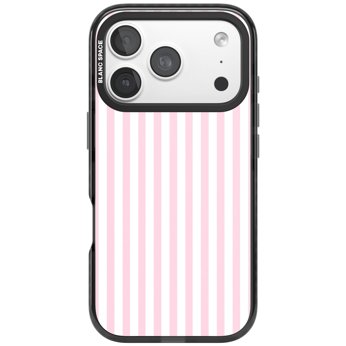 Pink Stripe preppy iPhone case featuring soft pastel pink and white vertical candy stripes iPhone 18 Pro Impact Black Phone Case front