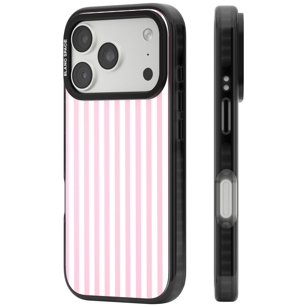 Pink Stripe preppy iPhone case featuring soft pastel pink and white vertical candy stripes iPhone 18 Pro Impact Black Phone Case side