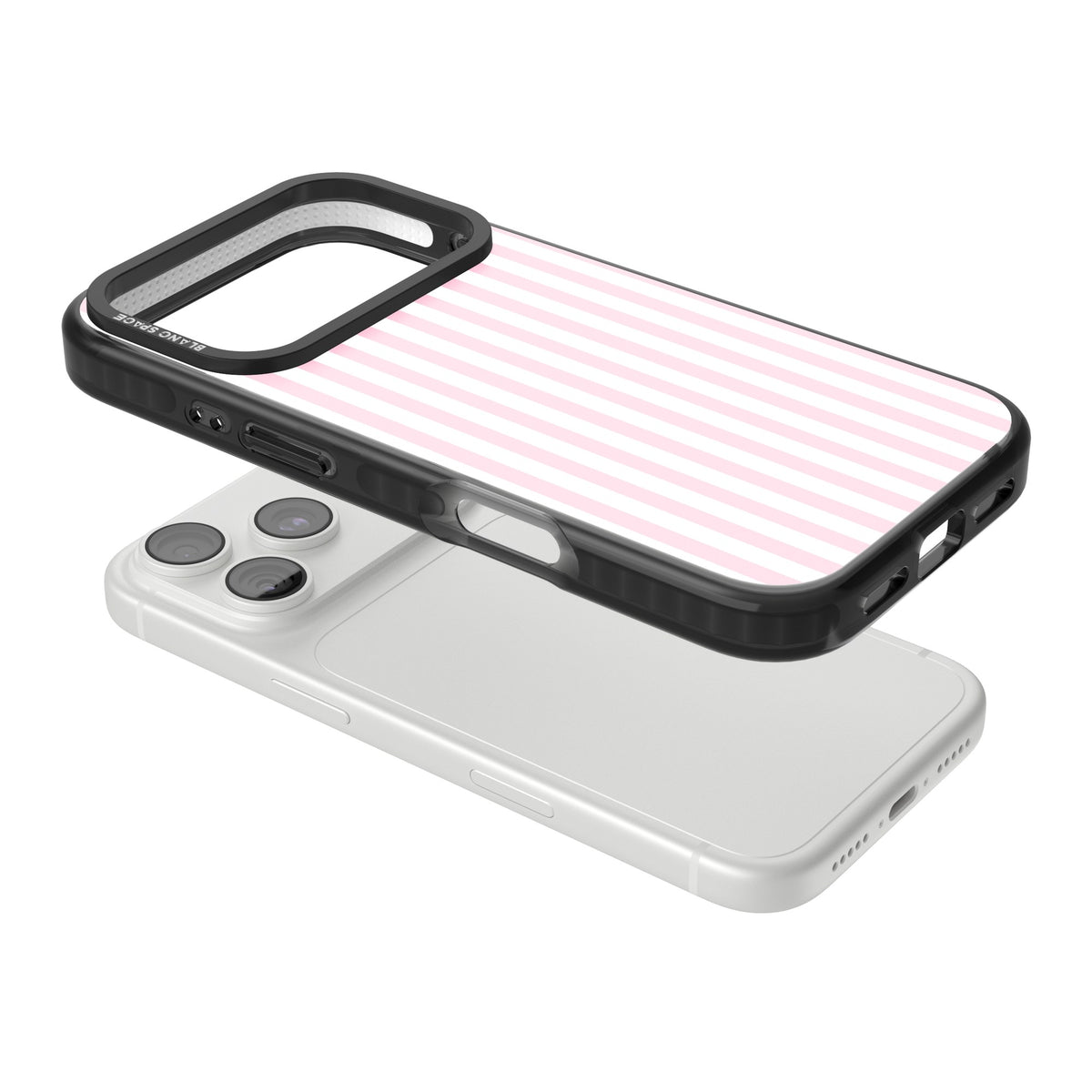Pink Stripe preppy iPhone case featuring soft pastel pink and white vertical candy stripes iPhone 18 Pro Impact Black Phone Case angled