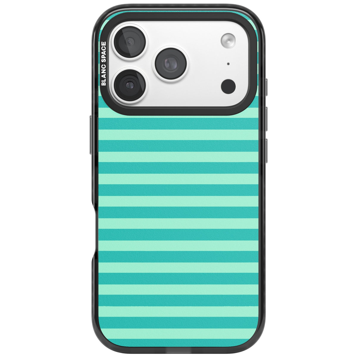 Turquoise Stripe preppy iPhone case featuring horizontal teal and mint green stripes on a black protective frame iPhone 18 Pro Impact Black Phone Case front