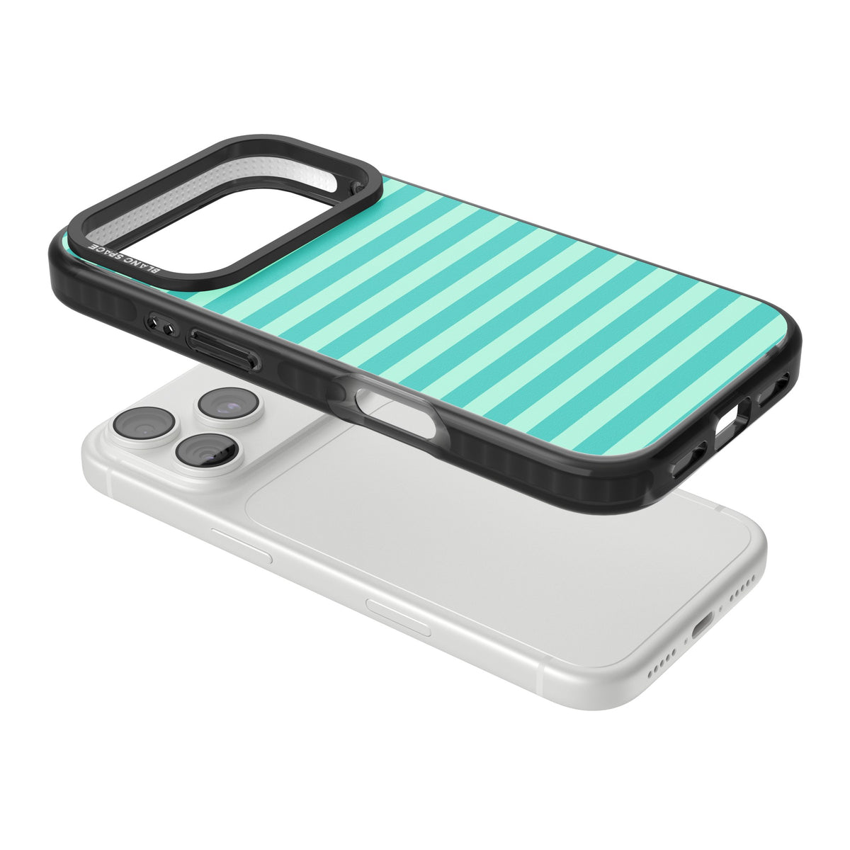 Turquoise Stripe preppy iPhone case featuring horizontal teal and mint green stripes on a black protective frame iPhone 18 Pro Impact Black Phone Case angled