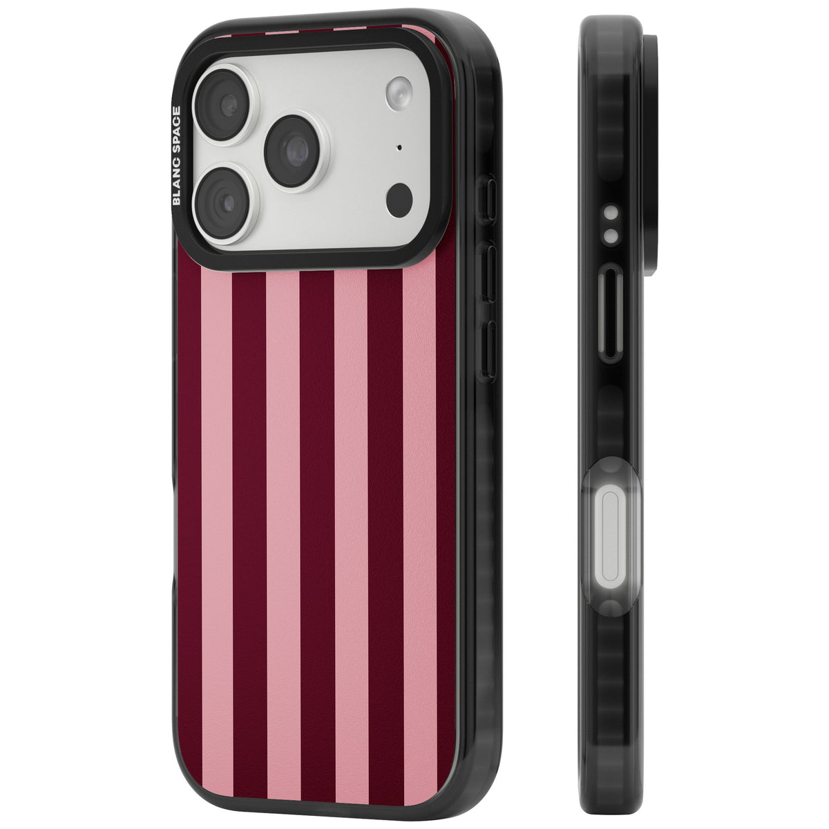 Bordeaux Belle preppy iPhone case featuring bold vertical stripes in burgundy and soft blush pink iPhone 18 Pro Impact Black Phone Case side