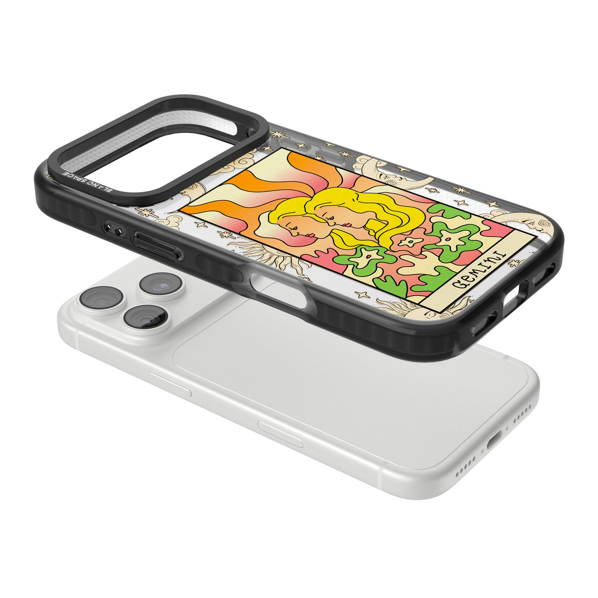 Celestial Zodiac Gemini iPhone 18 Pro Impact Black Phone Case angled