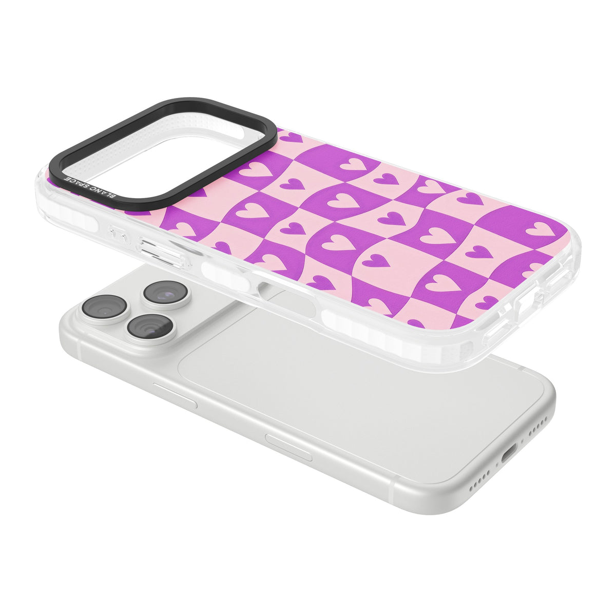 Purple Wavy Checked Hearts iPhone 18 Pro Impact Clear Phone Case angled