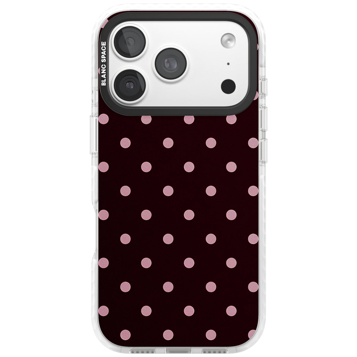 Merlot Dots polka dot iPhone case featuring dusty pink spots on a deep burgundy background in a retro grid iPhone 18 Pro Impact Pro Clear Phone Case front