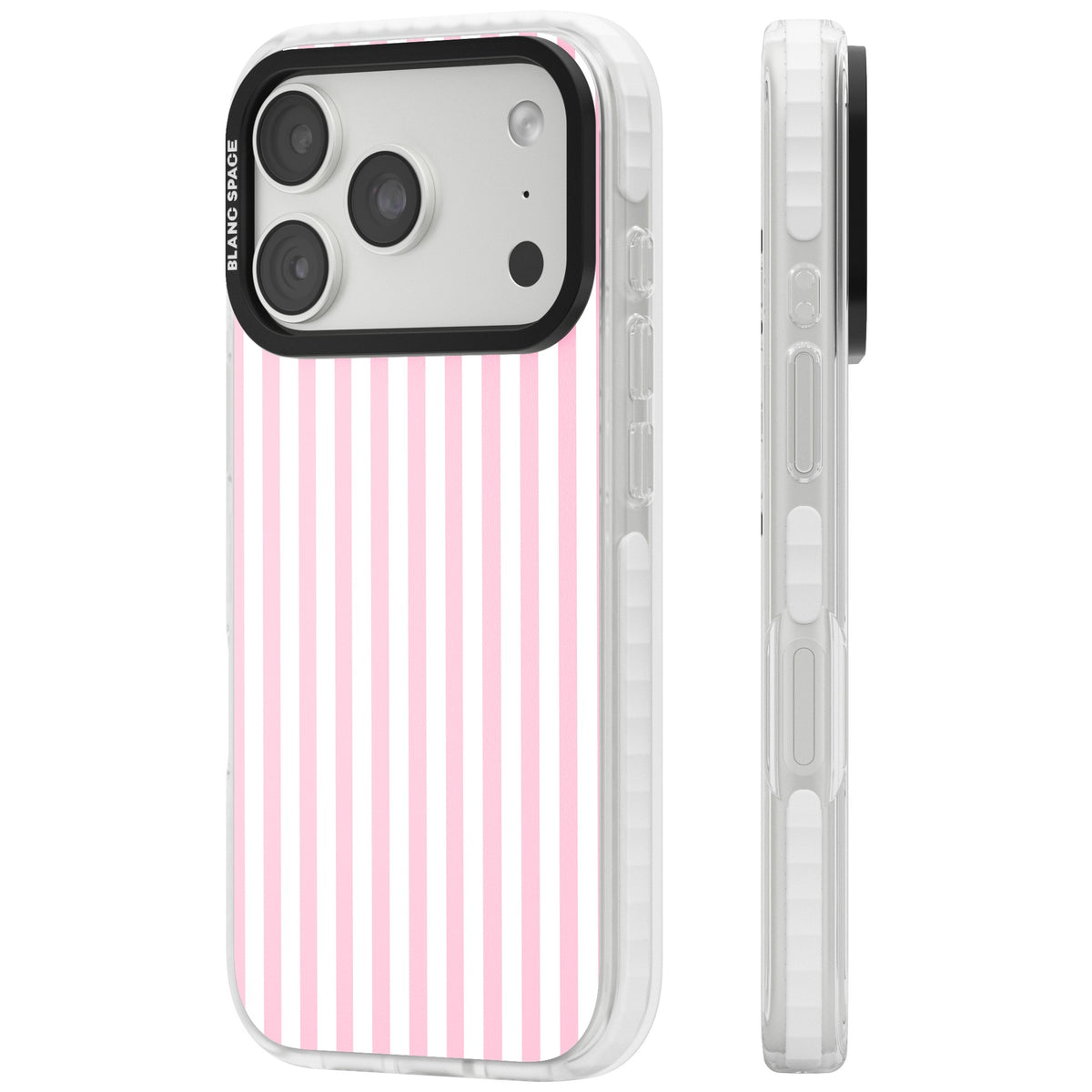 Pink Stripe preppy iPhone case featuring soft pastel pink and white vertical candy stripes iPhone 18 Pro Impact Pro Clear Phone Case side