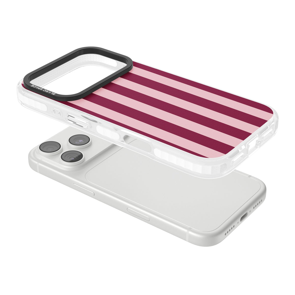 Bordeaux Belle preppy iPhone case featuring bold vertical stripes in burgundy and soft blush pink iPhone 18 Pro Impact Pro Clear Phone Case angled