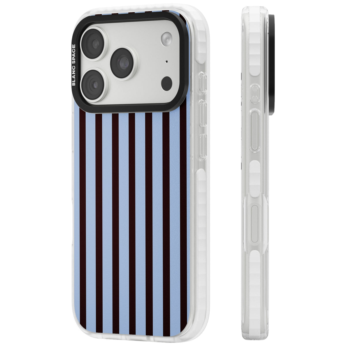 Blackcurrant Stripe preppy iPhone case featuring vertical burgundy and light blue stripes in a classic pinstripe layout iPhone 18 Pro Impact Pro Clear Phone Case side