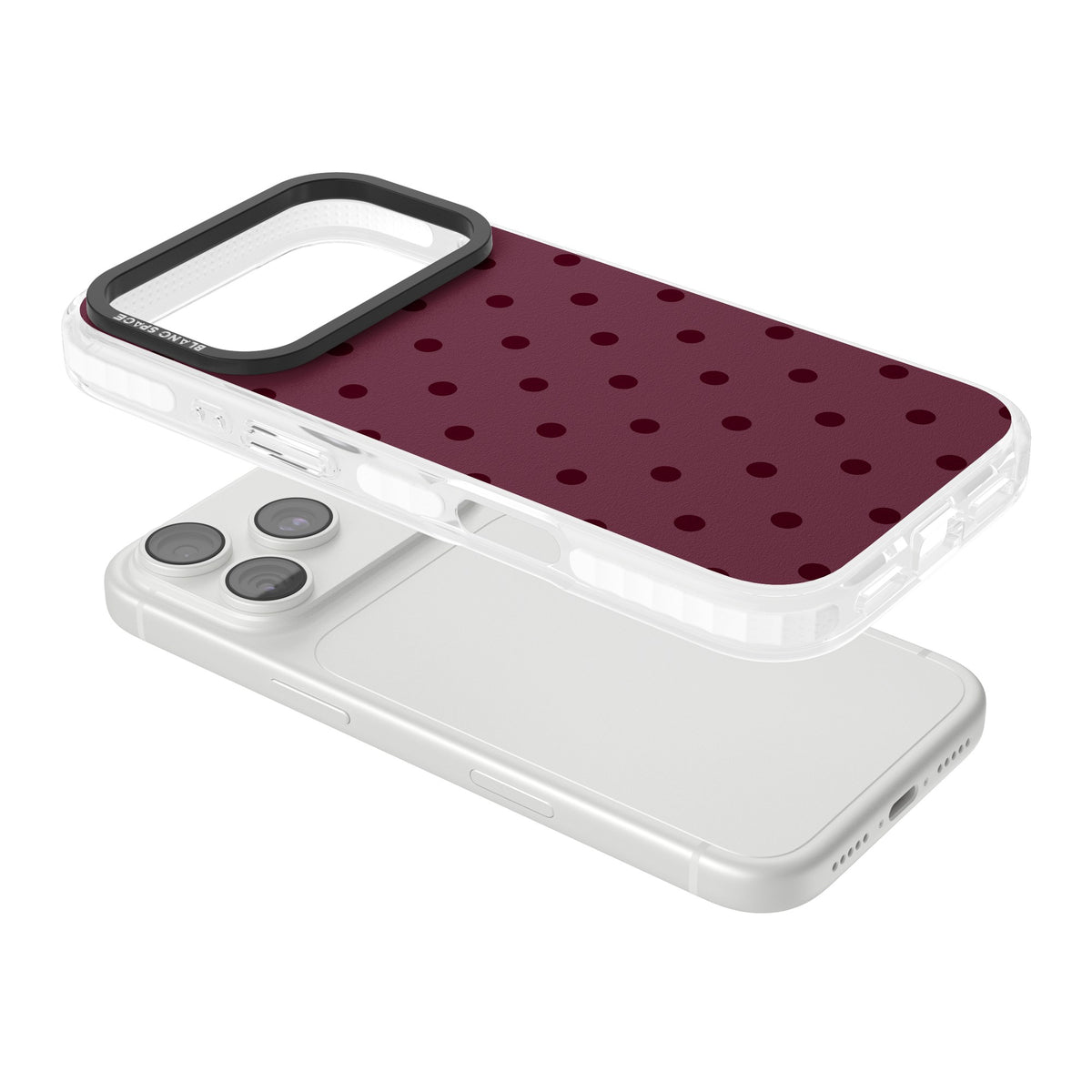 Burgundy Polka Dot minimalist iPhone case featuring black polka dots on a deep burgundy wine red background iPhone 18 Pro Impact Clear Phone Case angled