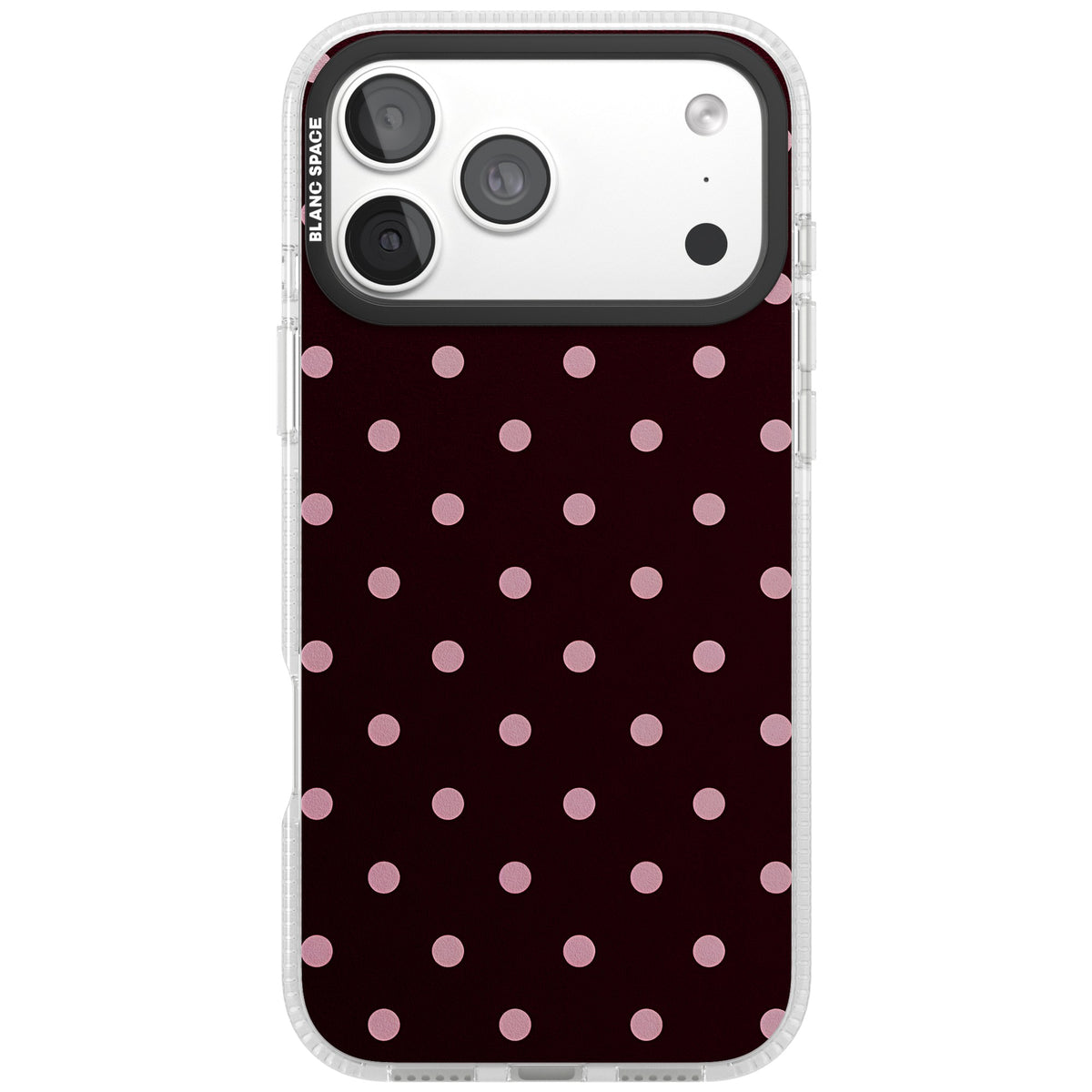 Merlot Dots polka dot iPhone case featuring dusty pink spots on a deep burgundy background in a retro grid iPhone 18 Pro Max Impact Air Phone Case front