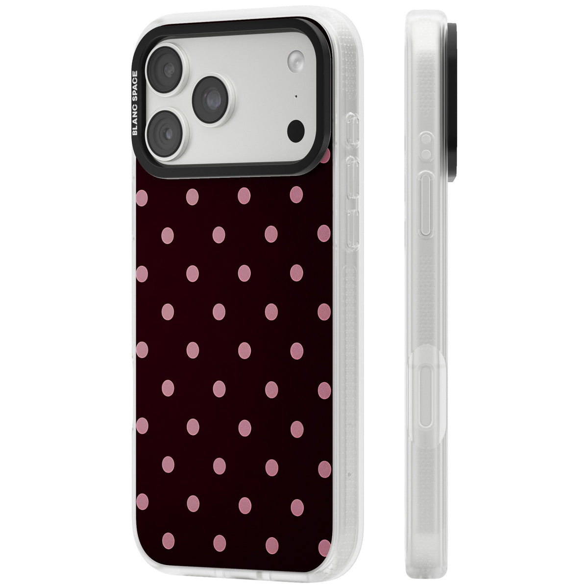 Merlot Dots polka dot iPhone case featuring dusty pink spots on a deep burgundy background in a retro grid iPhone 18 Pro Max Impact Air Phone Case side