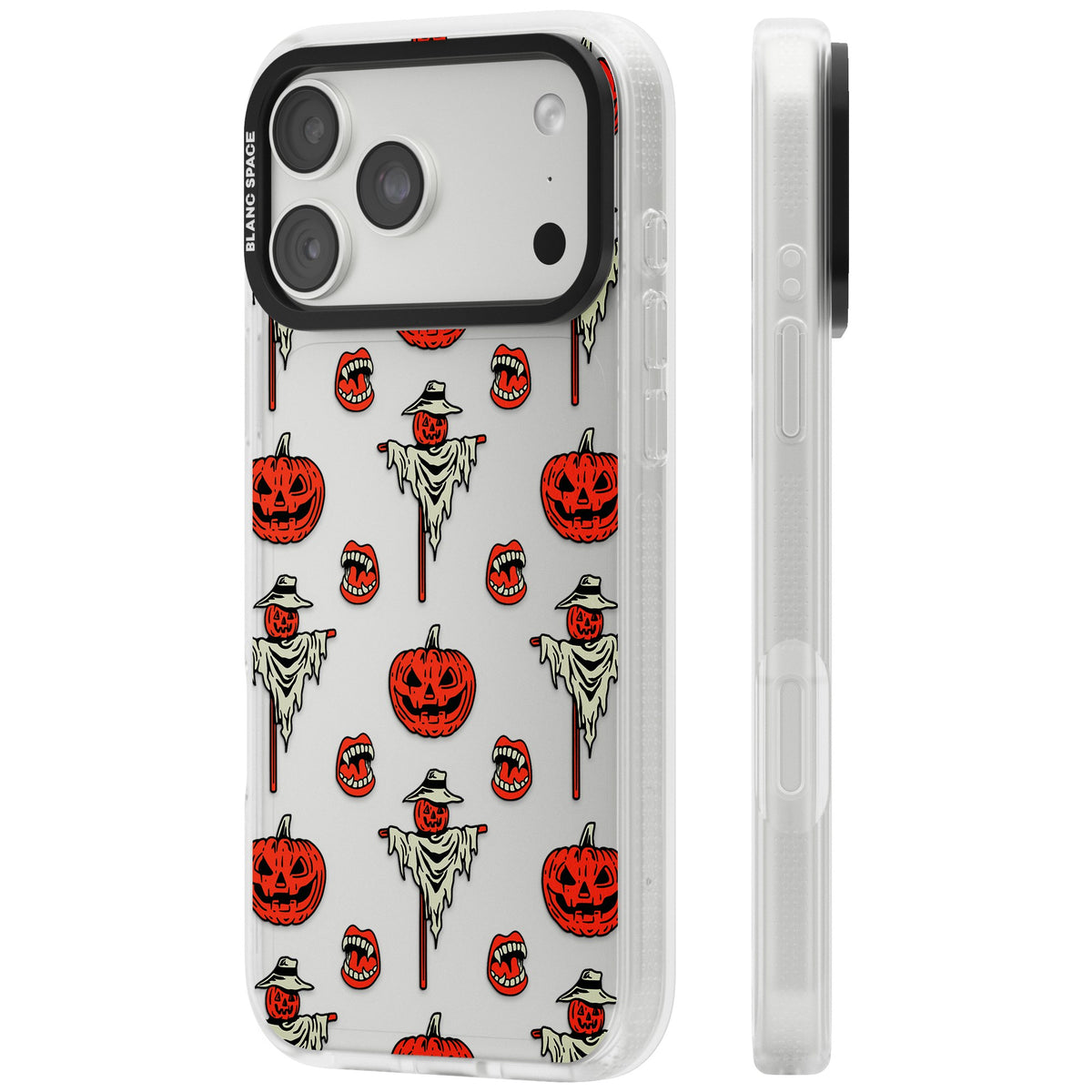 Retro Red Pumpkins & Scarecrows iPhone 18 Pro Max Impact Air Clear Phone Case side
