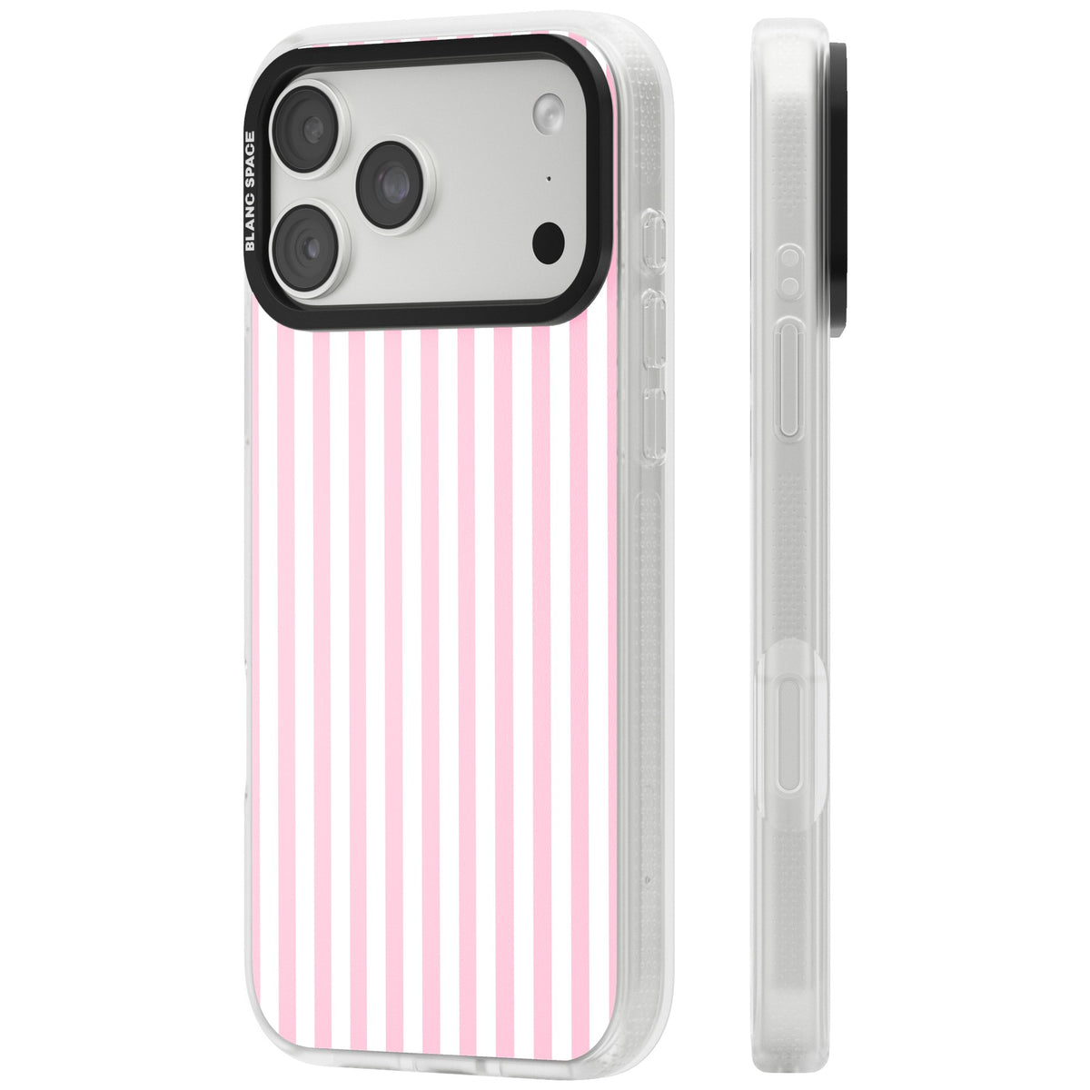 Pink Stripe preppy iPhone case featuring soft pastel pink and white vertical candy stripes iPhone 18 Pro Max Impact Air Phone Case side