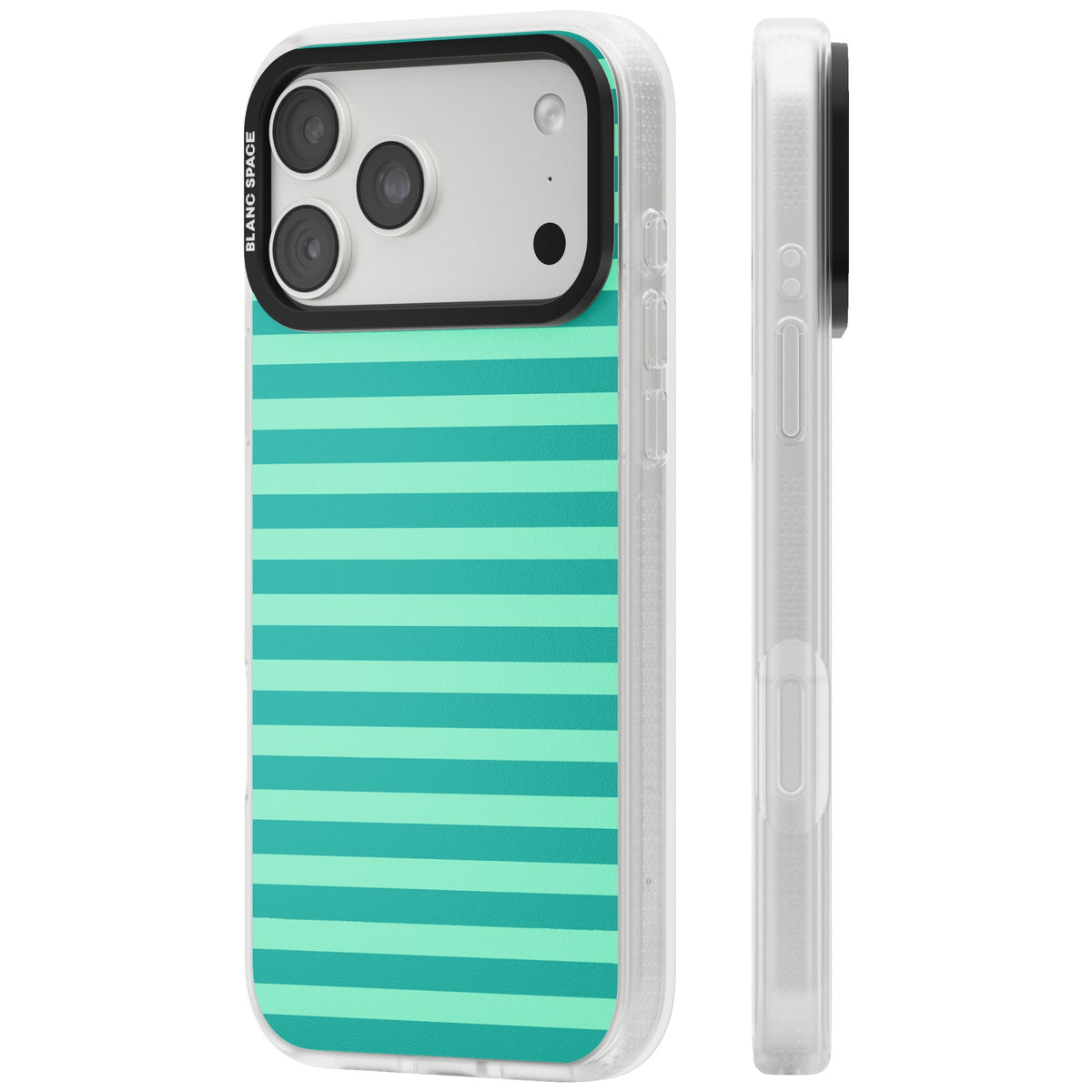 Turquoise Stripe preppy iPhone case featuring horizontal teal and mint green stripes on a black protective frame iPhone 18 Pro Max Impact Air Phone Case side