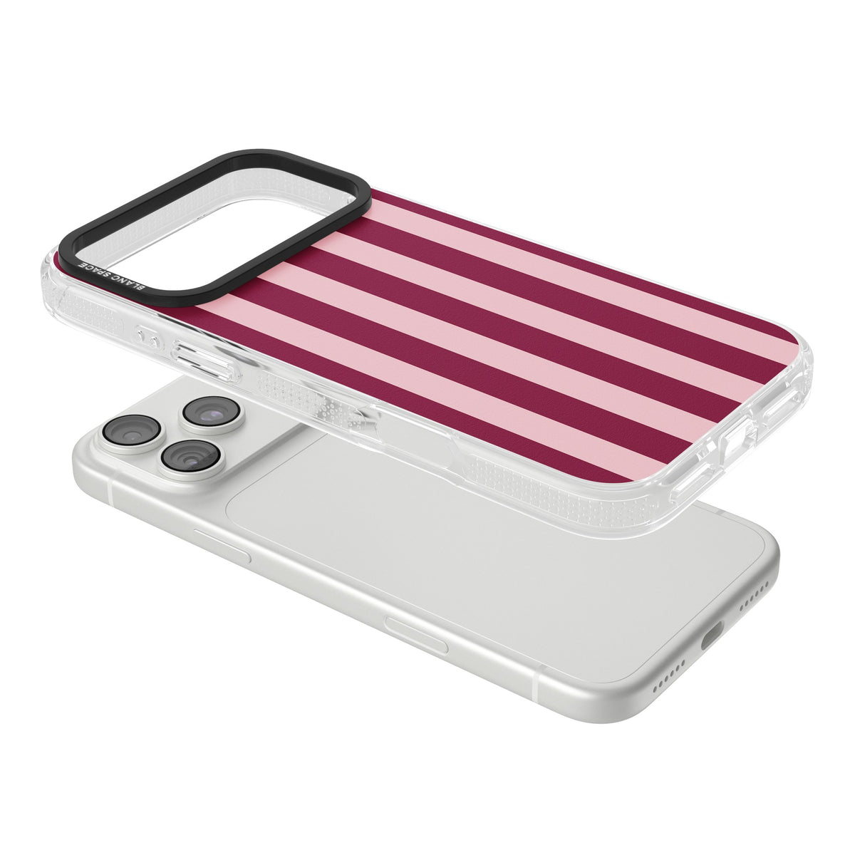 Bordeaux Belle preppy iPhone case featuring bold vertical stripes in burgundy and soft blush pink iPhone 18 Pro Max Impact Air Phone Case angled